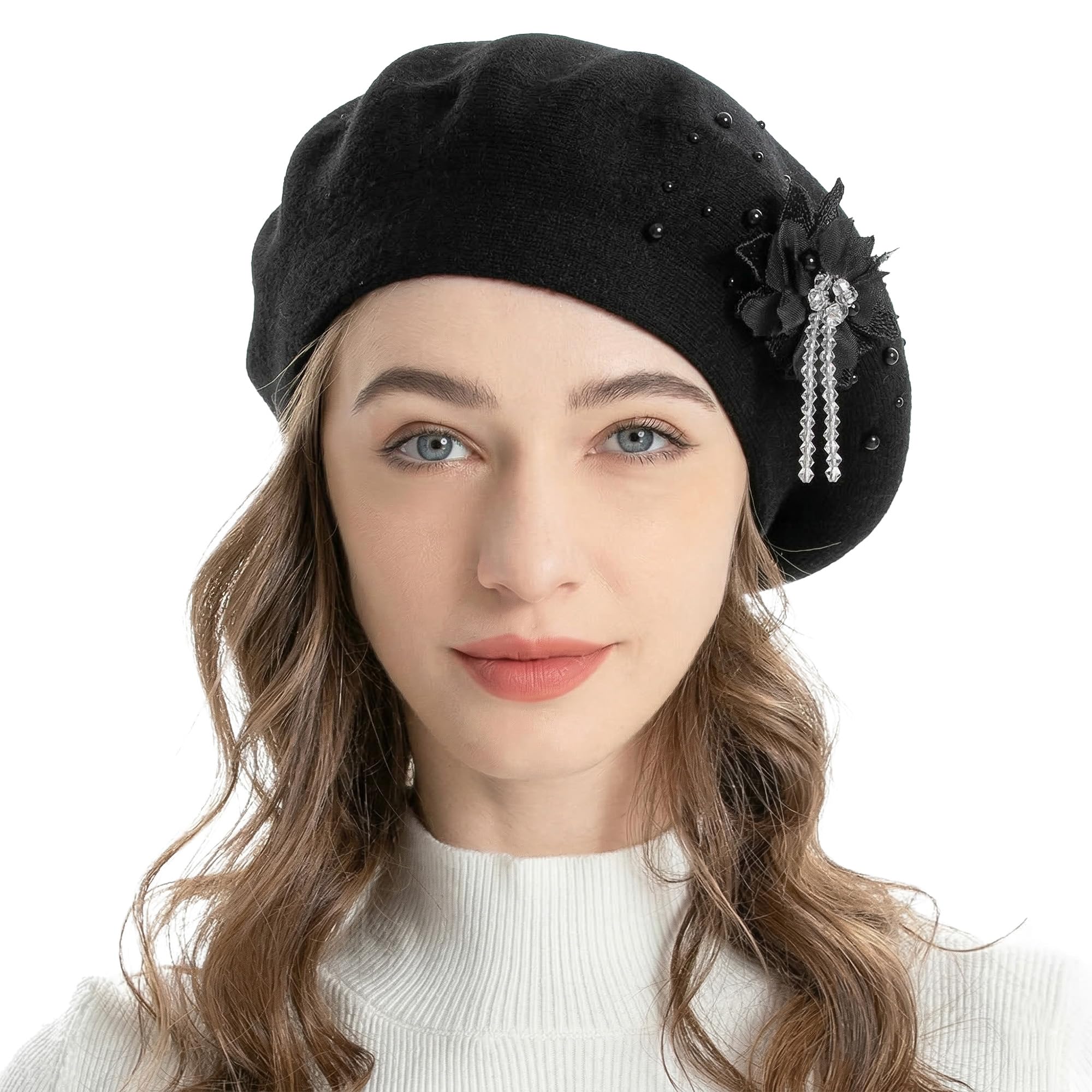 ZLYC Women's Reversible French Beret Hat, Cashmere Mosaic, Flower Pendant, Black, One Size