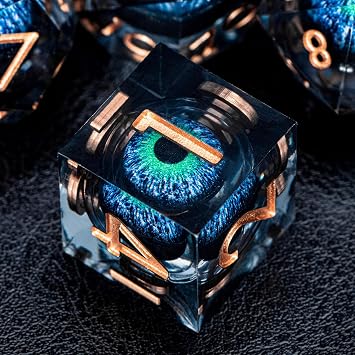 Dragon Eye Liquid Core DND Dice with Box, Green Blue Sharp Edge Polyhedral Dice Set Resin Handmade Transparent D and D Dice for use with D&D RPG Tabletop Games