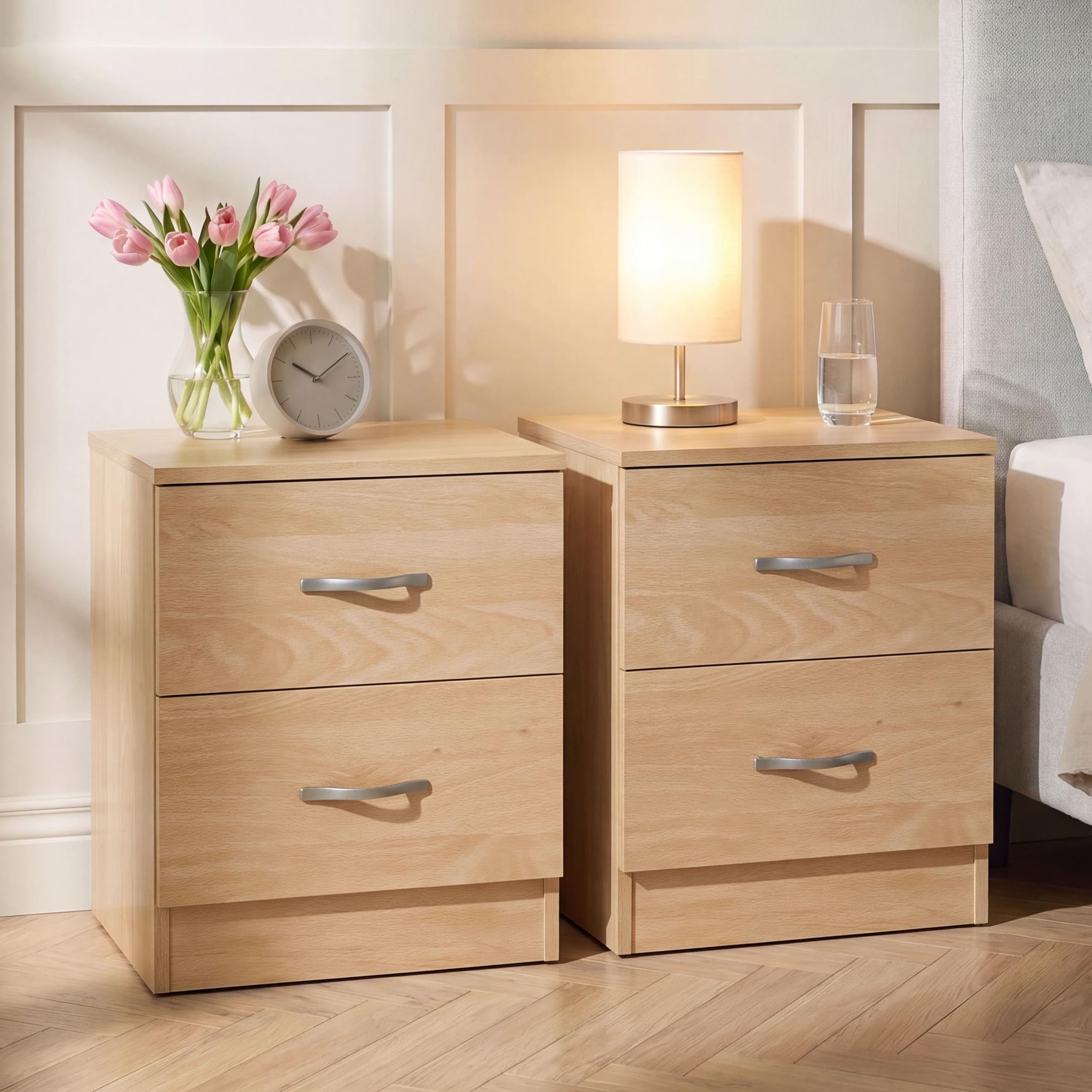 Vida Designs Riano 2 Drawer Bedside Chest Set of 2 | Pine | Space-Saving Nightstands | 47H x 40W x 36D cm | Engineered Wood | Anti-Bowing Drawer Support | Ideal for Bedroom & Guest Room