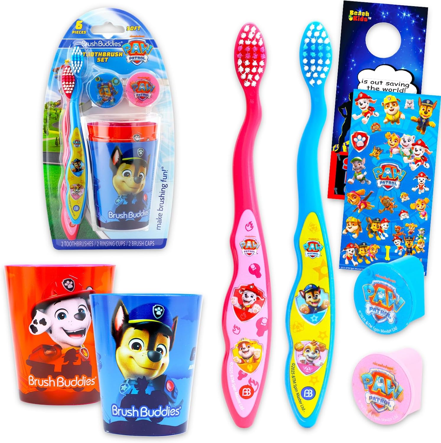 Paw Patrol Toothbrush and Cup Travel Kit for Kids - Bundle with 2 Toothbrushes, 2 Rinsing Cups, 2 Covers, Stickers, and More for Boys, Toddlers | Paw Patrol Toothbrush Set (Styles May Vary)