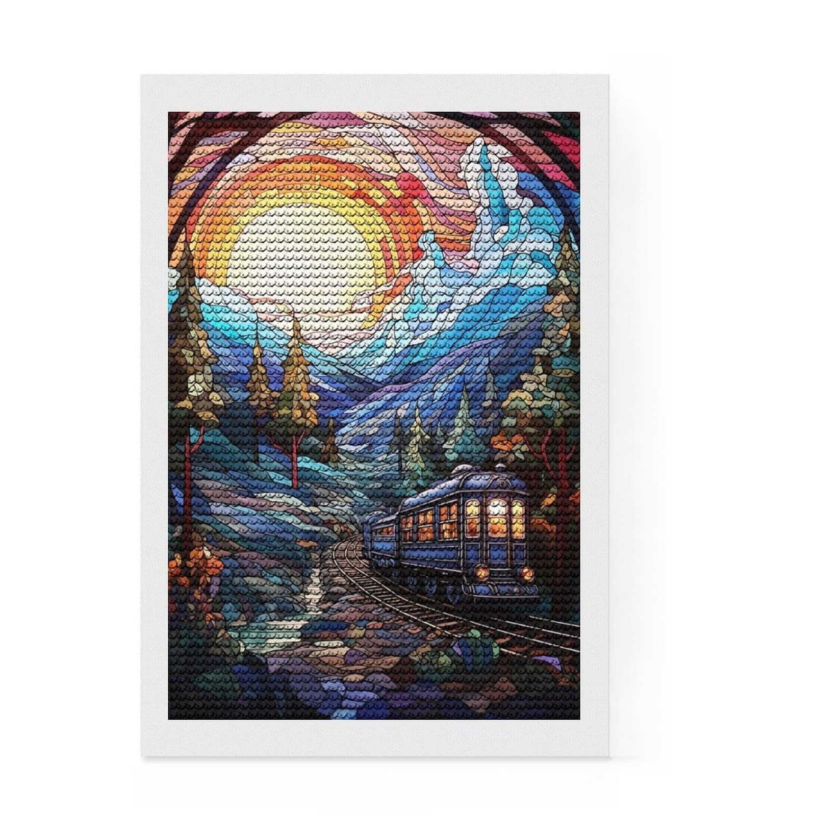 Junmoney Train with Sunset Diamond Painting Kit 8"x12", Mindful Craft Activity, Neat Printed Canvas, Modern Decor, Gift Idea, Adhesive Canvas