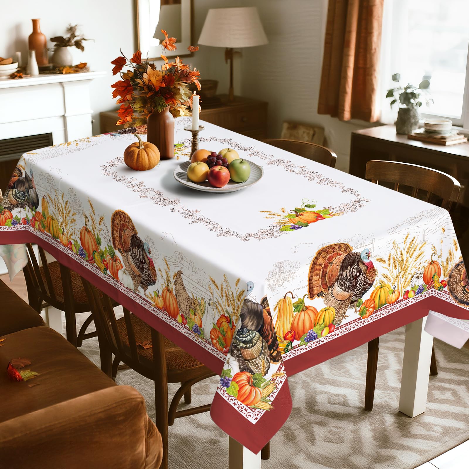 Runde Herbst Tischdecke – 178 Cm, Weiß/orange, Kürbisblätter-Motiv, Waschbar, Für Erntedank, Party & Zuhause