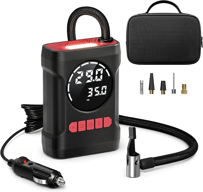 R6 12V DC Tire Inflator Portable Air Compressor, Car Air Pump with Dual Digital Display, Preset Pressure, Auto Shut-Off, 3 Light Modes, Plug-In Tire Pump for Cars, Motorcycles, Bikes, Balls