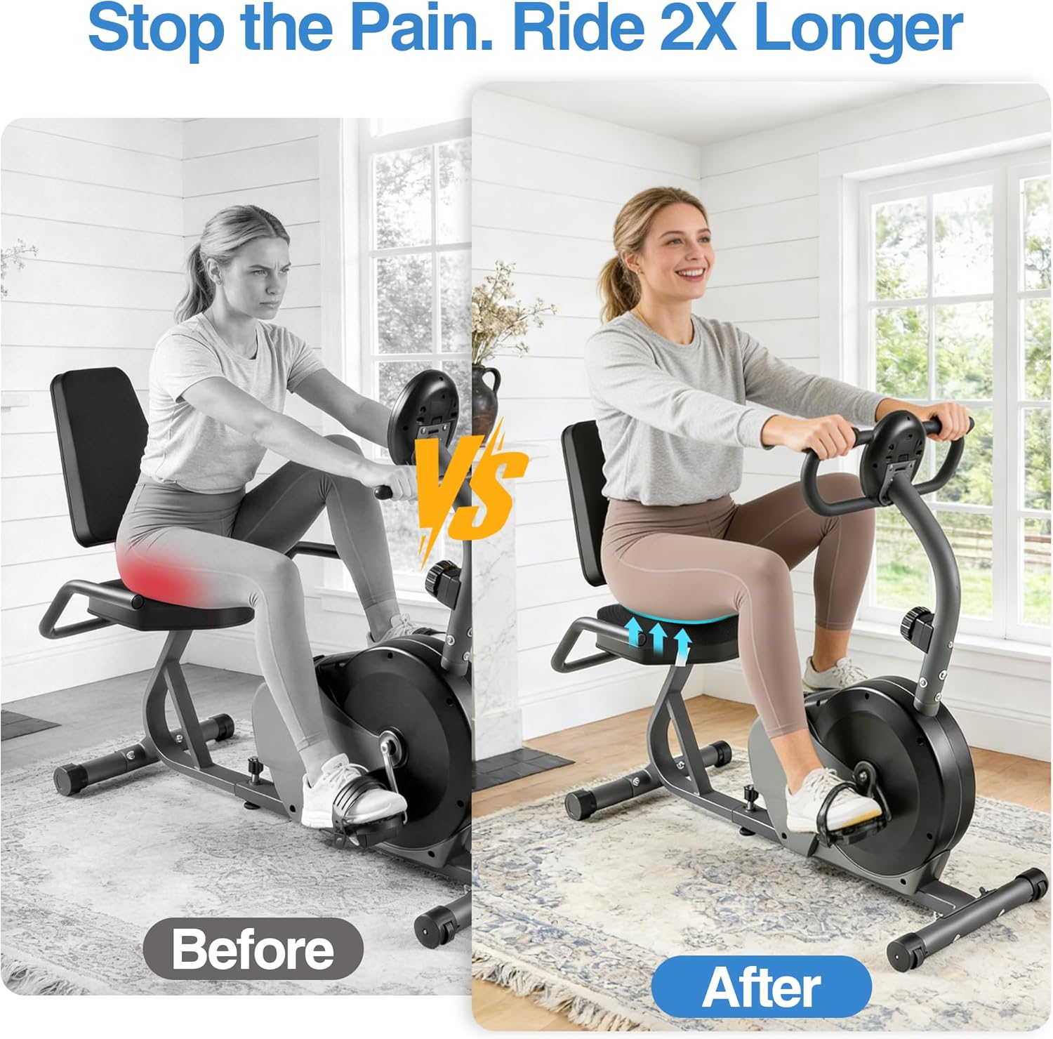 Exercise Bike Seat Cushion - Memory Foam Recumbent Bike Seat Cushion Pad, Extra Large Wide Comfortable Cover with Straps for Women Stationary & Indoor Fitness, Ergonomic Padding Black