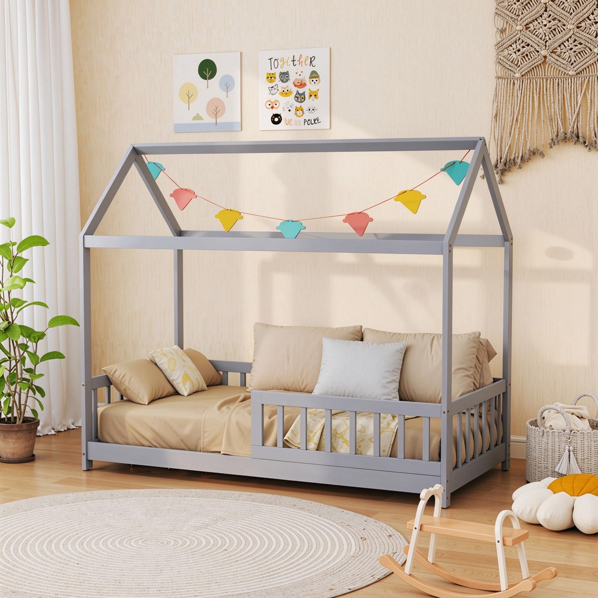 Homcom Men's Grey Toddler Bed Single Bed Frame House-Shaped For Boys And Girls | Solid Pine Wood, For Kids Boys And Girls