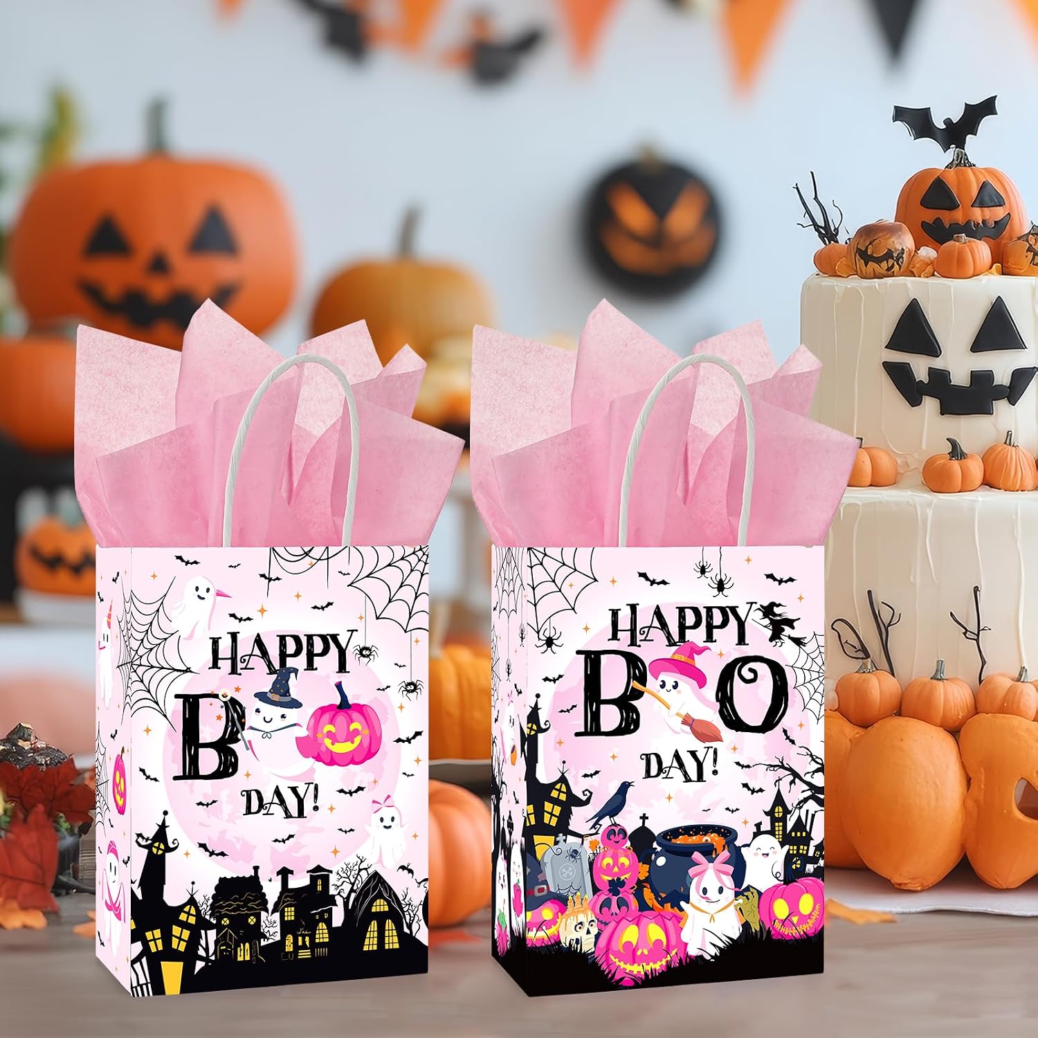 TAKEALOOKO 16Pcs Halloween Goodie Bags - Trick or Treat Paper Gift Bag with Handle in 4 designs, Happy Boo Day Candy Bag for Party Favor, Party Gifts Warp