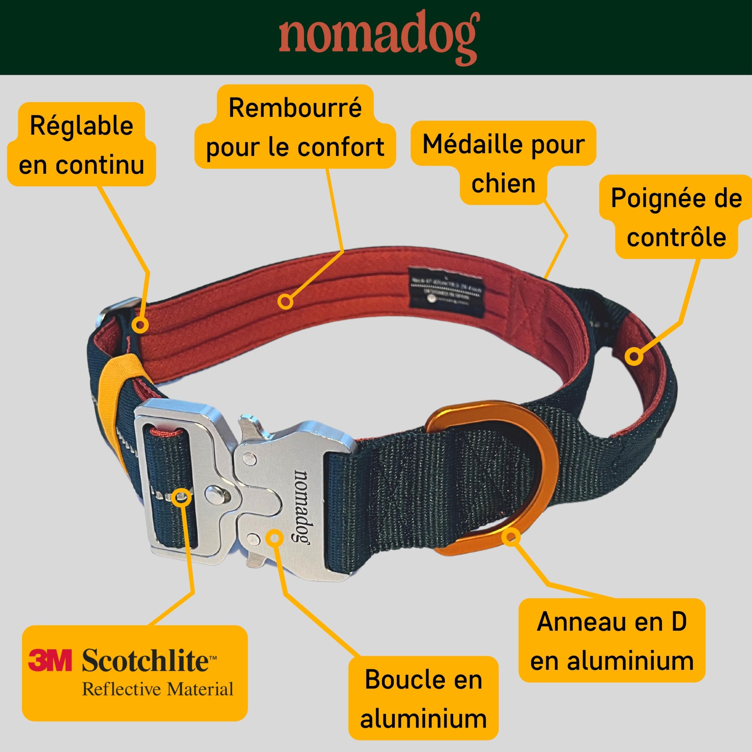 Nomadog Trailblazer Collier Chien avec Poignée pour Gros Chien - Durable, Réglable, Rembourré, Boucle en Aluminium Premium - Collier Tactique (XL)