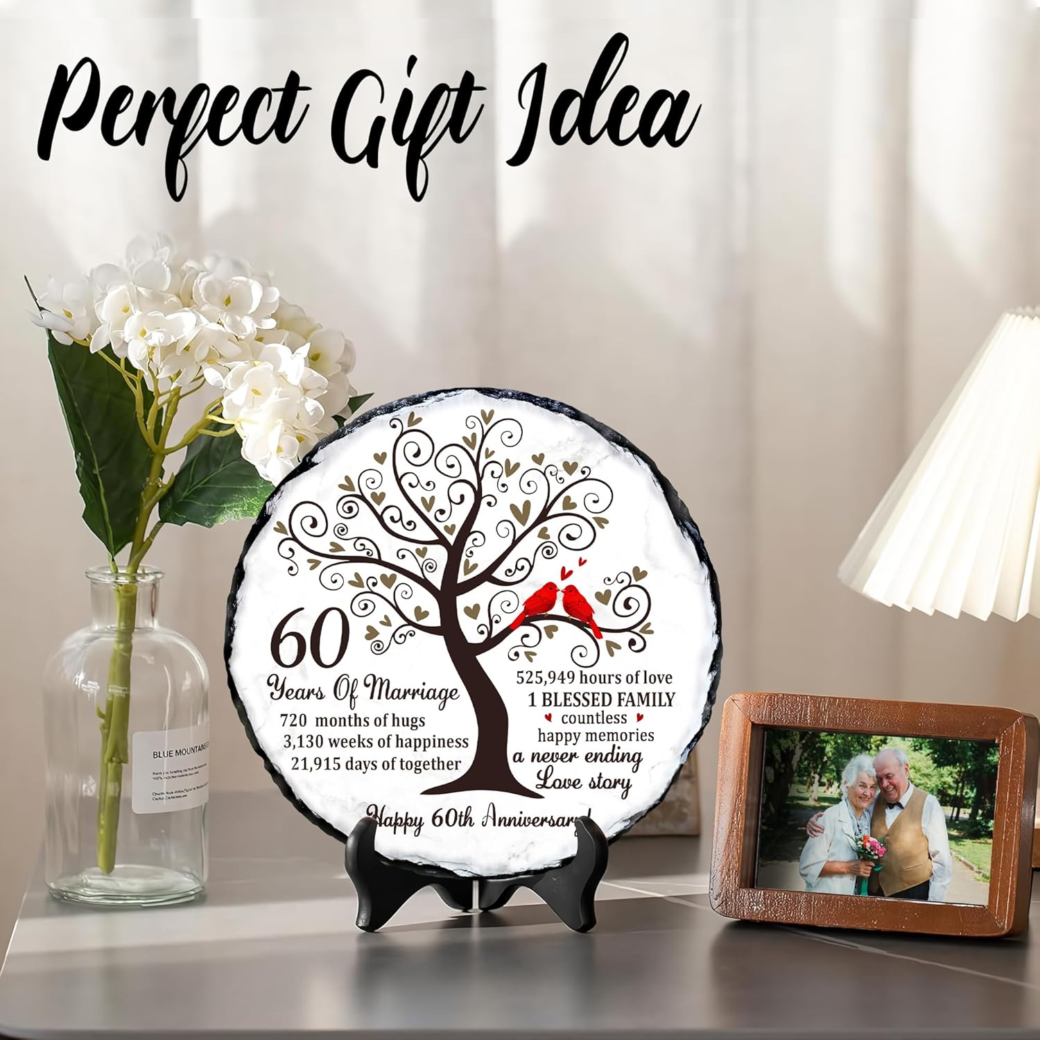 60th Diamond Wedding Anniversary Slate - 60th Wedding Gifts for Parents Grandparents - 60th Anniversary Decorations Gift Ideas - 60 Years of Marriage Plaque, 5.9 inches Plate Keepsake