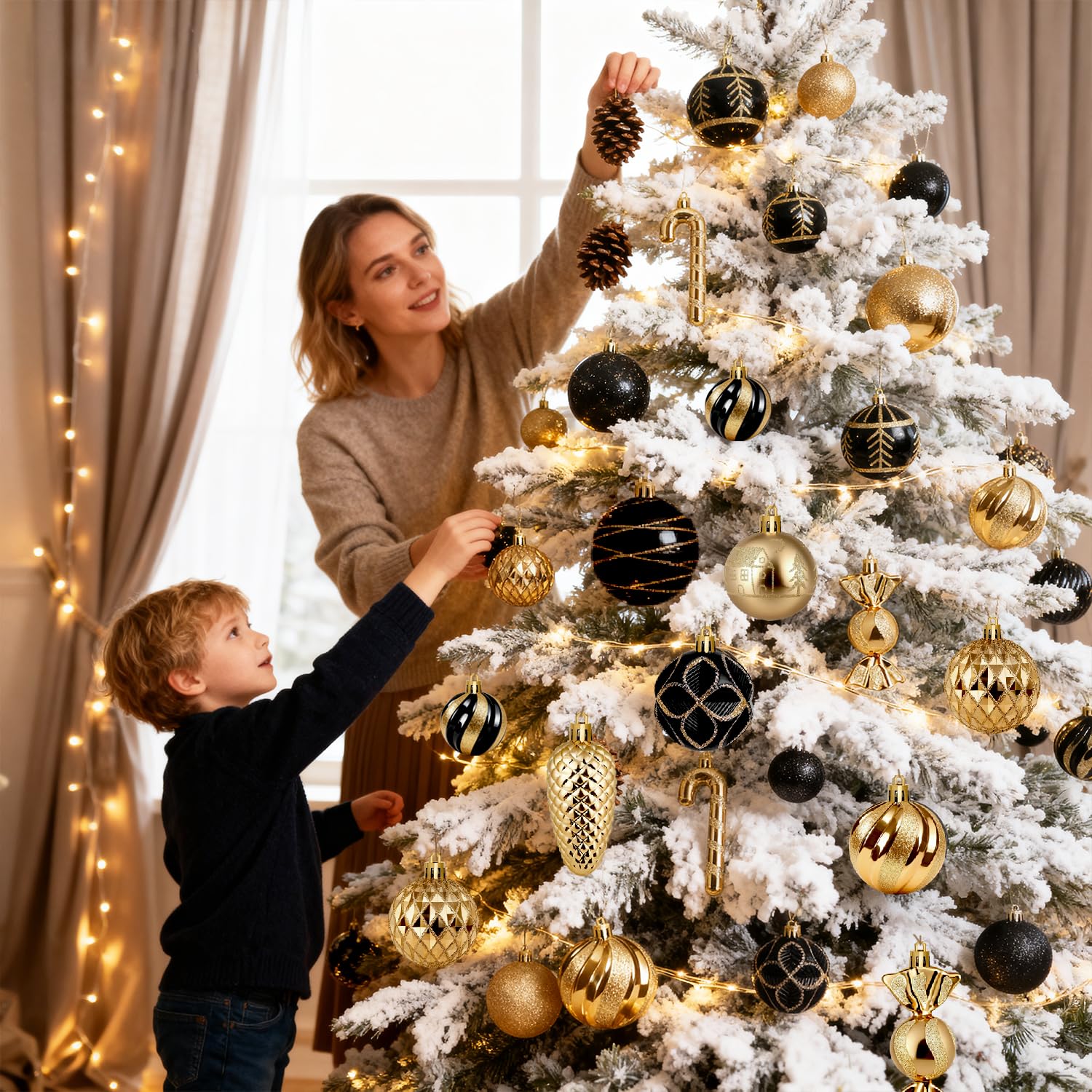 Miaikoe Set di decorazioni per albero di Natale, 63 pezzi, in plastica, antidistruttive, per feste di Natale, inverno, decorazioni per feste (nero e oro)