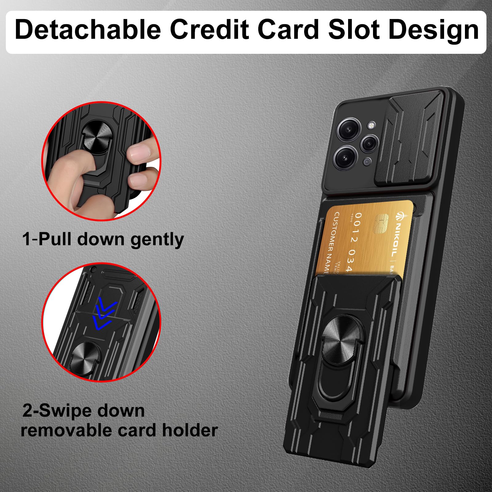 CONAPIKA Case for Xiaomi Redmi 12 with 3 Pieces Screen Protector, Camera Protection, 360° Metal Ring Stand, Card Slot Slot - Image 4