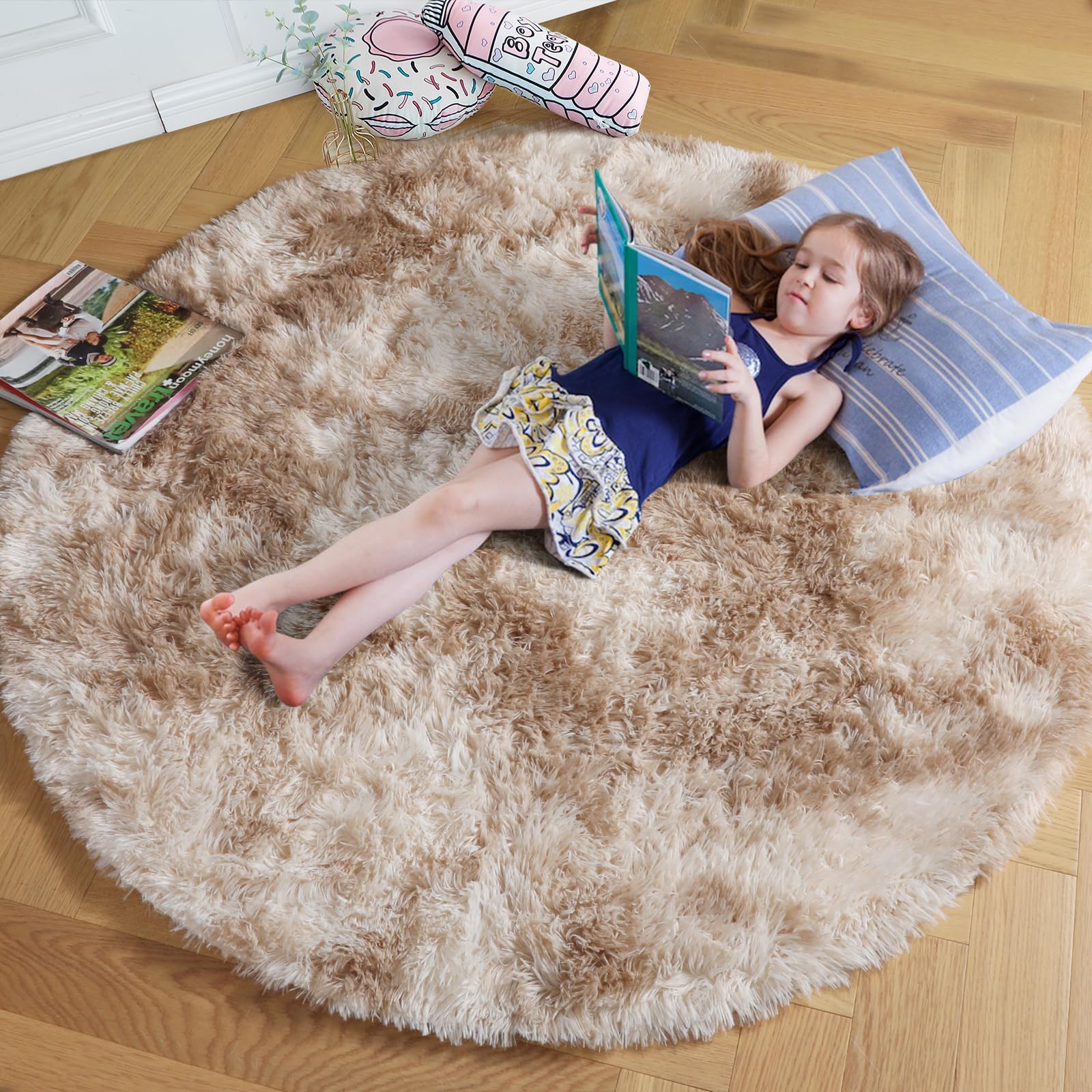 Amdrebio Tie-Dyed Beige Tan Round Area Rug 4Ft for Bedroom, Fluffy Plush Shag Furry Circle Rugs for Kids Room, Living Room Decor Aesthetic, Cute Fuzzy Neutral Carpet for Baby Nursery Playroom Dorm