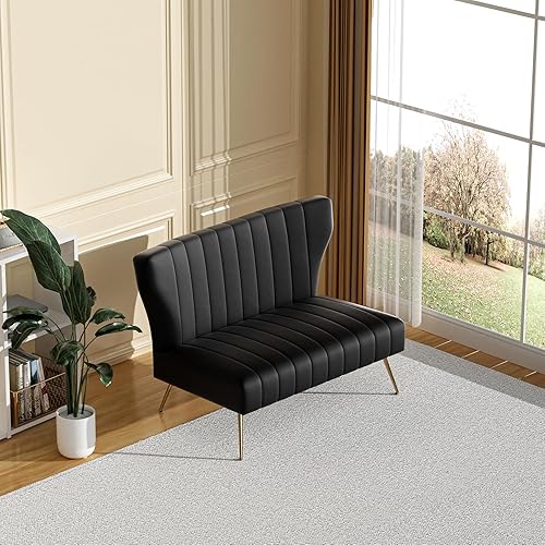 Miniatura 4 de Sofá biplaza moderno de terciopelo de 50 pulgadas, sin brazos, sofá pequeño tapizado con respaldo de alas con patas de metal dorado, sofá capitonado