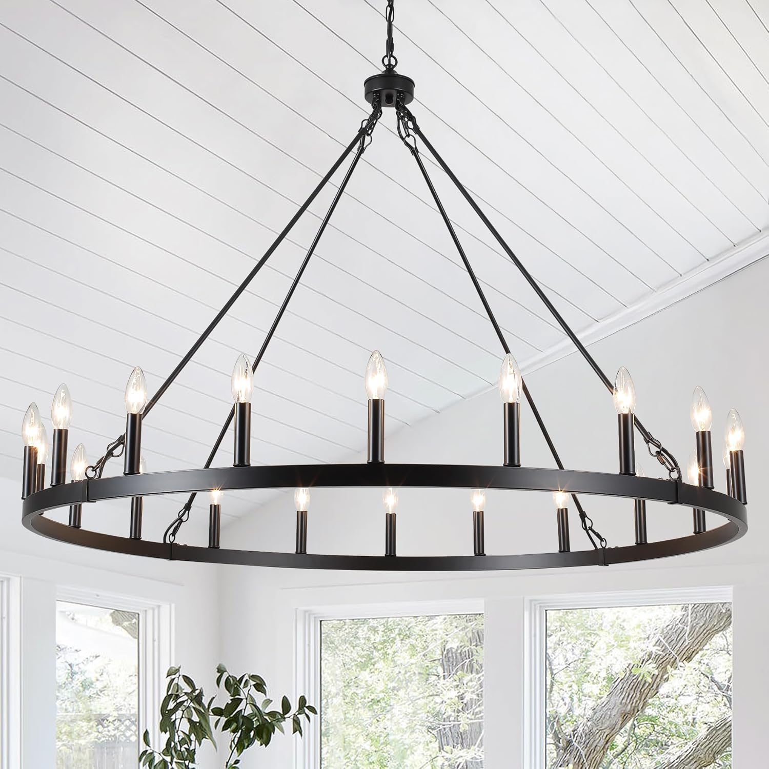 47.2 inches Black Wagon Wheel Chandelier- 20 Light Large Farmhouse Chandelier Industrial Rustic Dining Room Light Fixture Round High Ceiling Pendant Light for Living Room Entryway Foyer