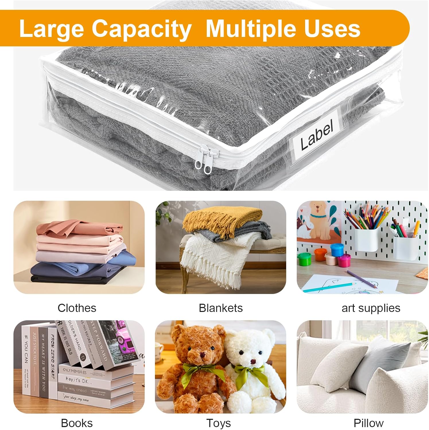 6 Pack Clear Zippered Storage Bag for Clothes, Plastic Sweater Storage Bags with Zipper, Vinly Foldable Blanket Containers Bed Sheet Quilt Pillow Organizer Moving Bag (11.81 × 11.81 × 3.9 inches)
