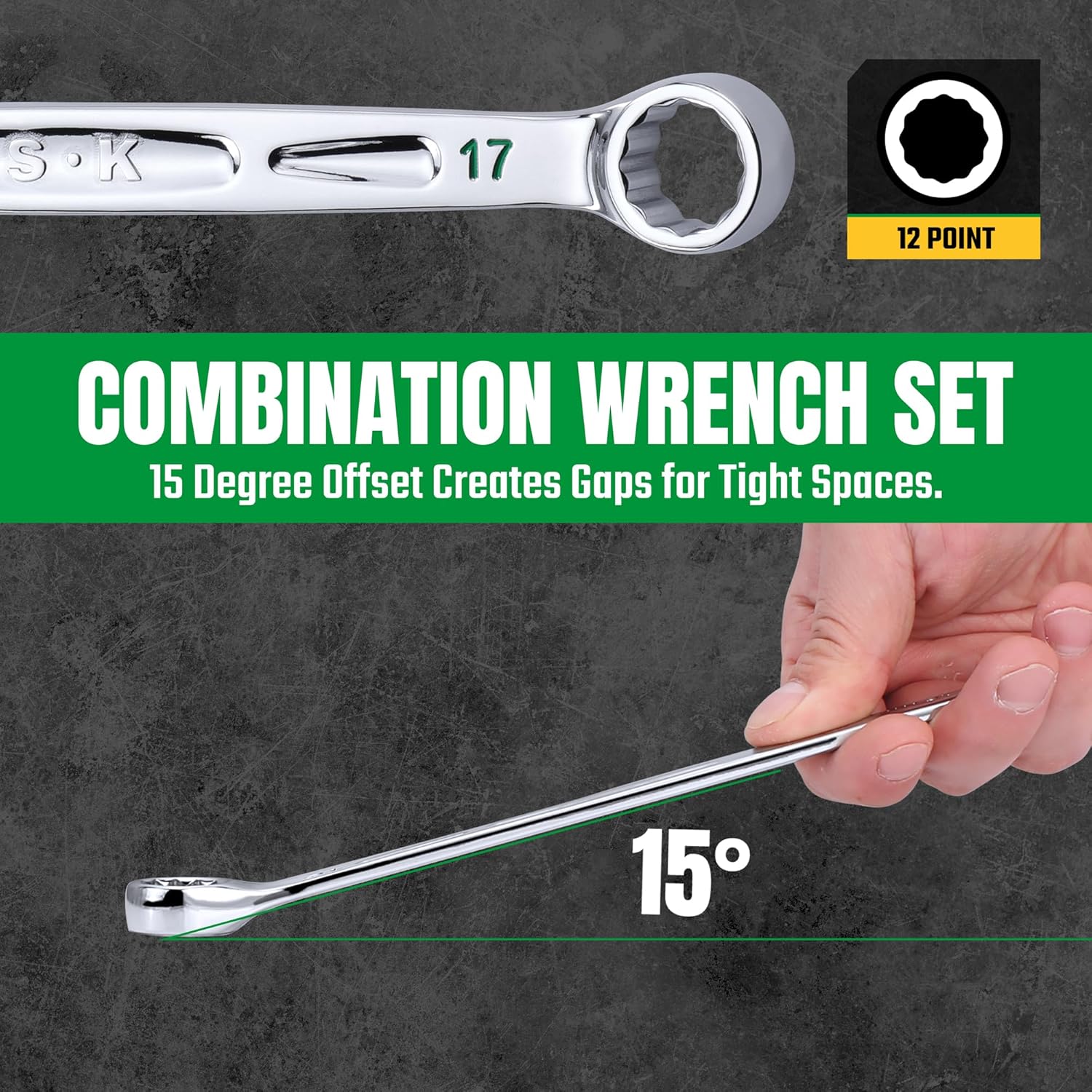SK Combination Wrench Set, Metric 8 to 19mm, 12-Piece, SuperKrome Finish, Premium CR-V Construction, with Rolling Pouch