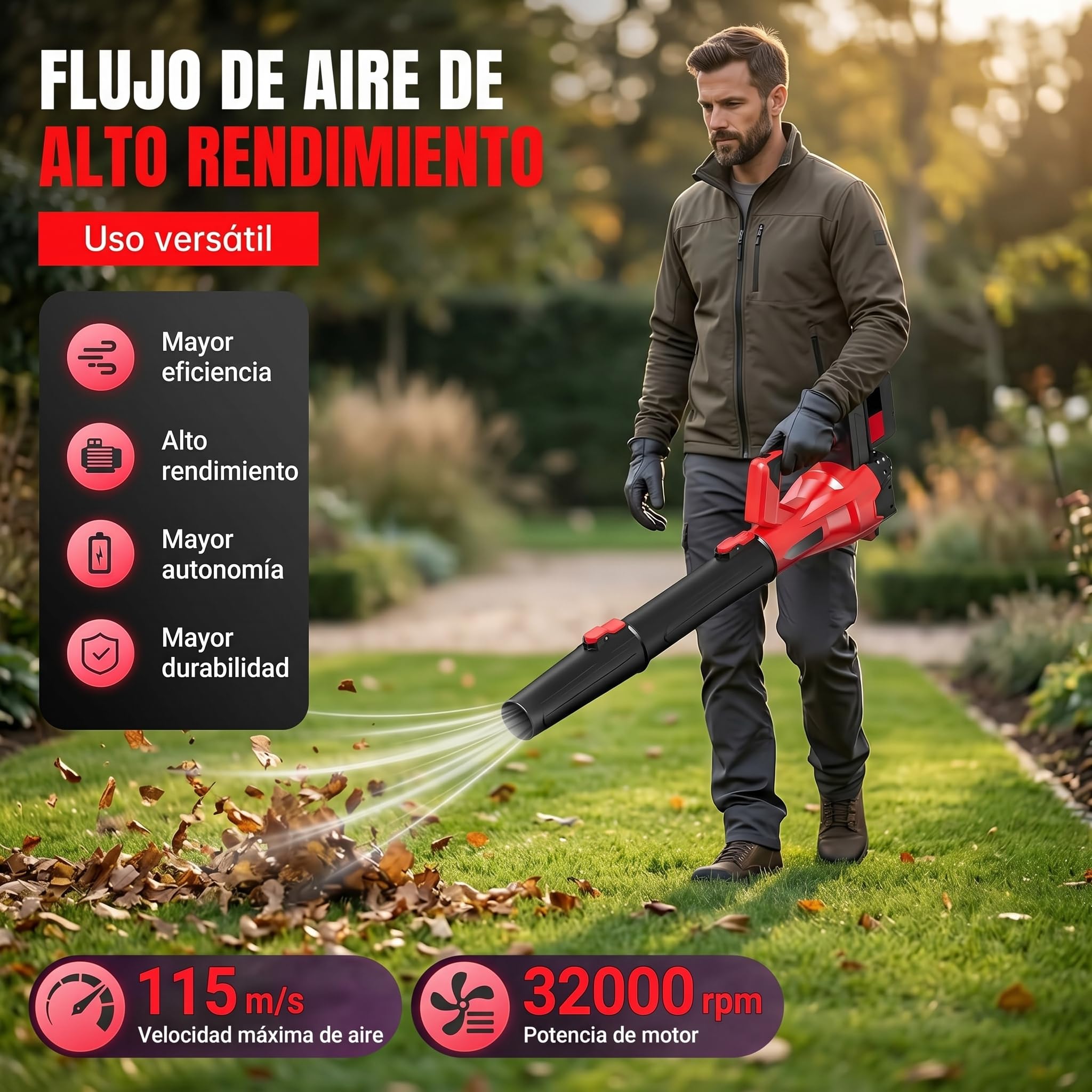 Soplador de Hojas Inalámbrico 21V con 2 Baterías 3.0Ah Li-Ion, Soplador Eléctrico Portátil Ligero 115/ms, Flujo de Aire Potente 850W, Ideal para Jardín, Terraza con 32000r/min, Garaje y Exterior.