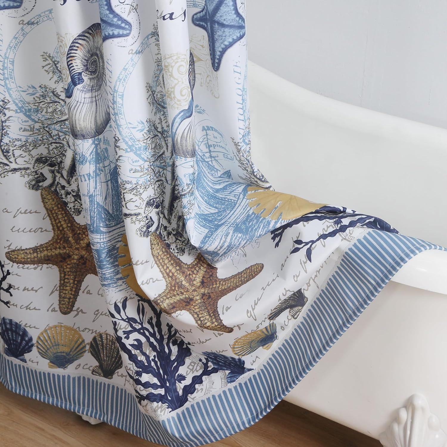 90 Inch Fabric Shower Curtain, Extra Long Coastal Shower Curtain, Under The Sea Starfish Seashell Print Shower Curtains for Bathroom, 72" W x 90" H