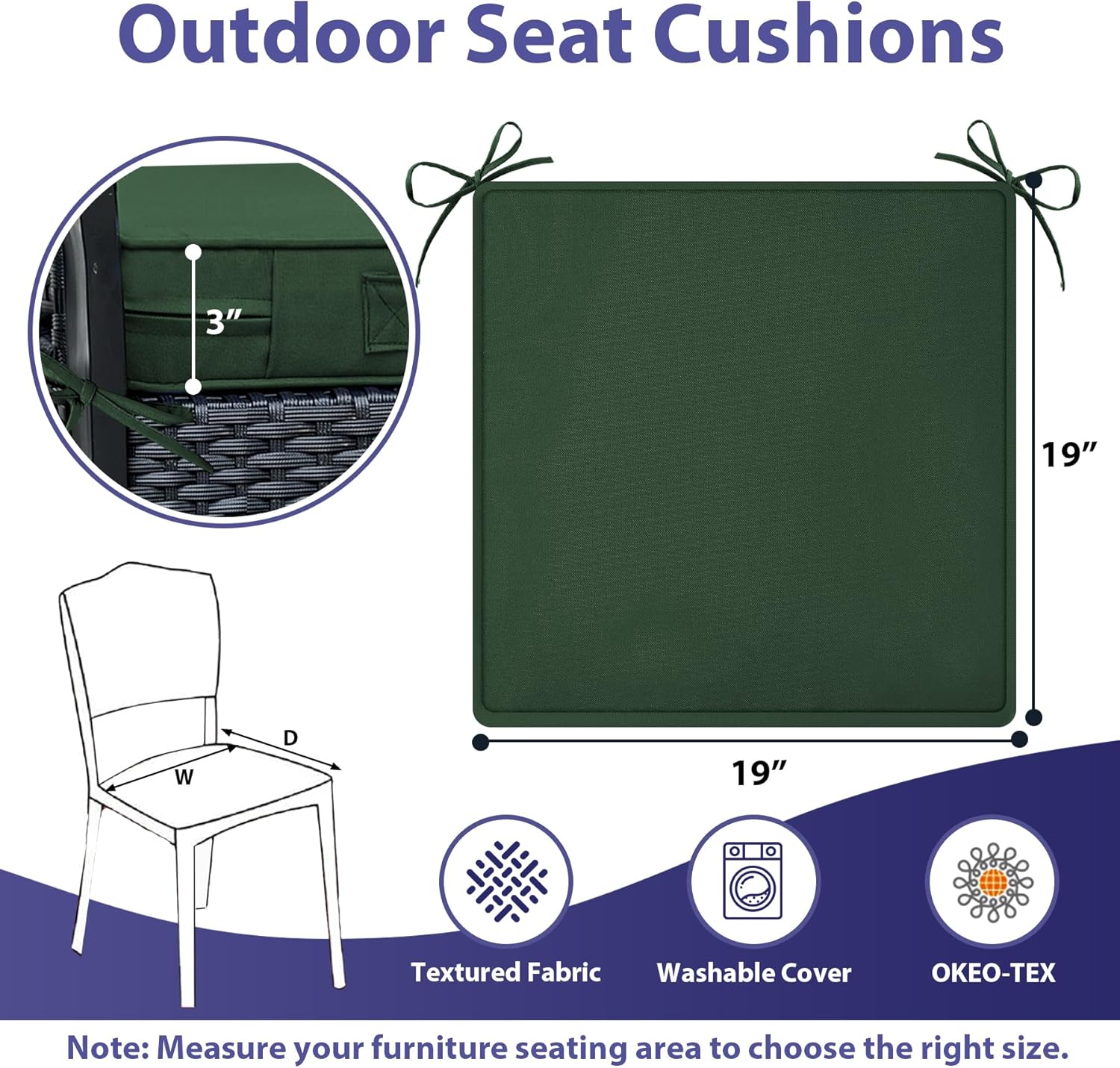 Outdoor Chair Cushions Set of 4,Waterproof Outdoor Seat Cushions for Patio Furniture,Patio Chair Cushion with Handle and Ties, Square Out Door Chair Pads,19" x 19" x 3", Forest Green