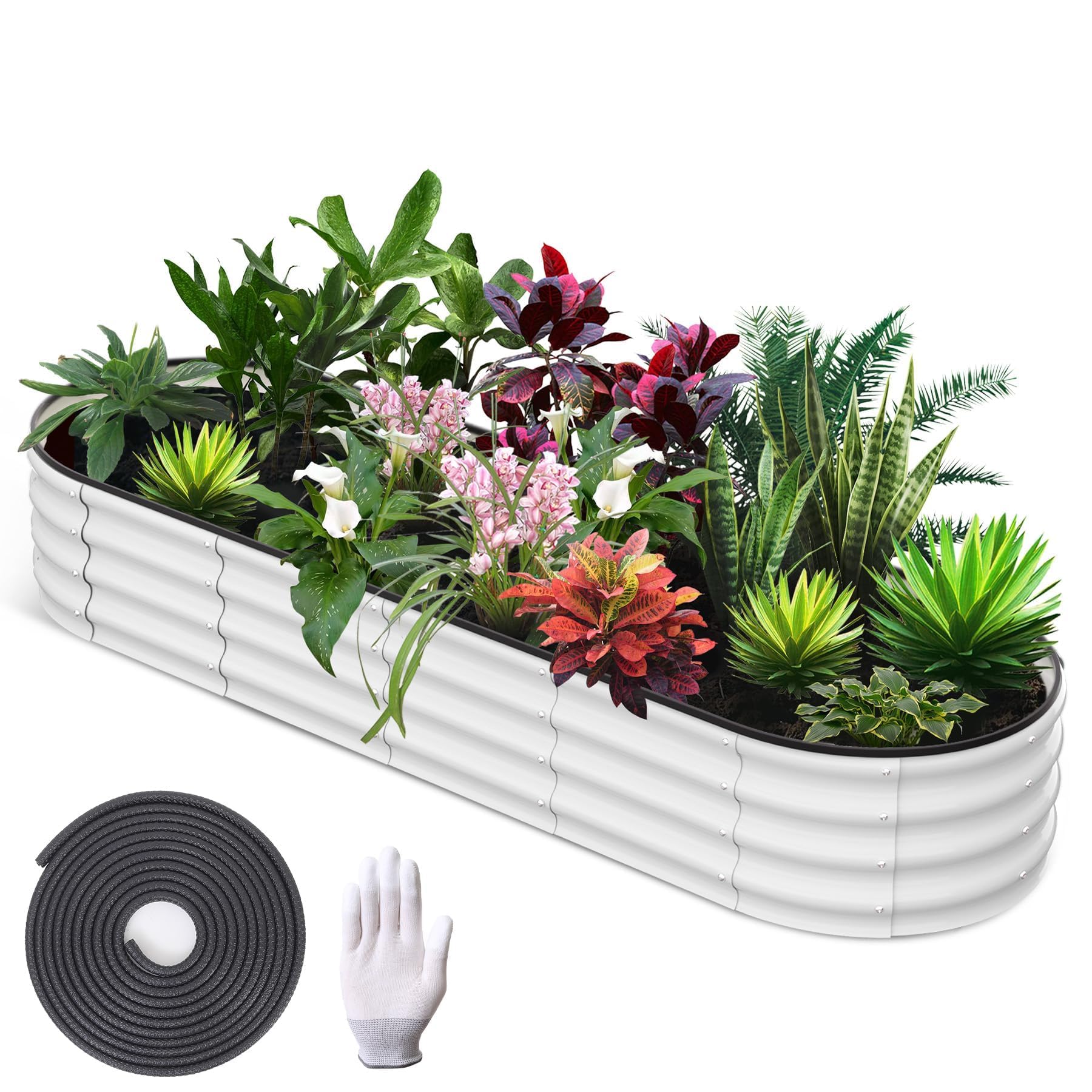 Huerto Elevado Ovalado y Circular de Pie para Exterior, Jardinería en Terraza, Balcón, Jardín, Grosor 0,7 mm, para Tomates, Verduras, Flores, Hierbas Aromáticas, 8x2x2FT, Blanco Crema