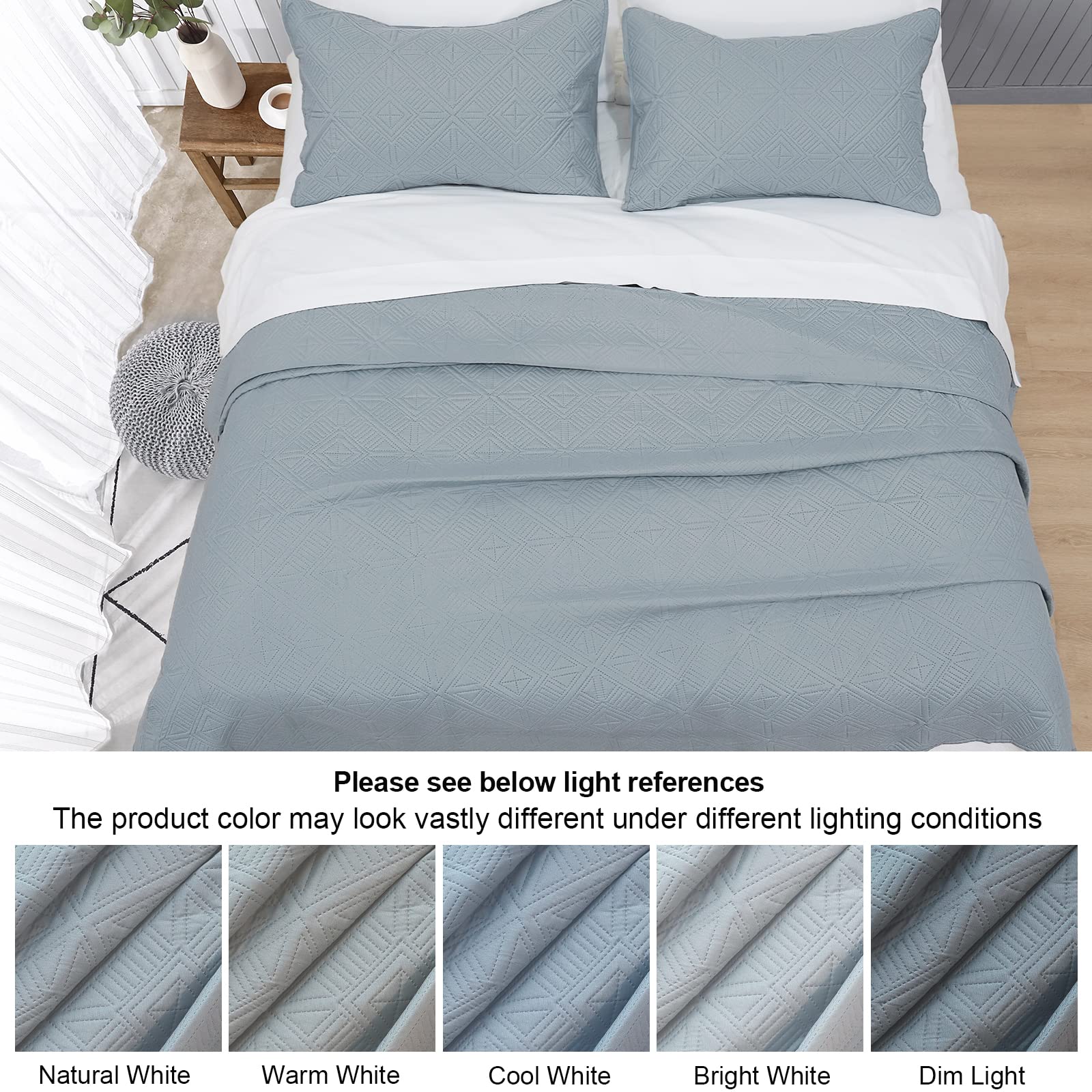 PHF Lightweight Quilt Set King Size, 3PCS Ultra Soft Ultrasonic Bedspread, Geometric Square Pattern Coverlet, Drop Nicely Bed Spread 106" x 96"with 2 Pillow Shams, Dusty Blue