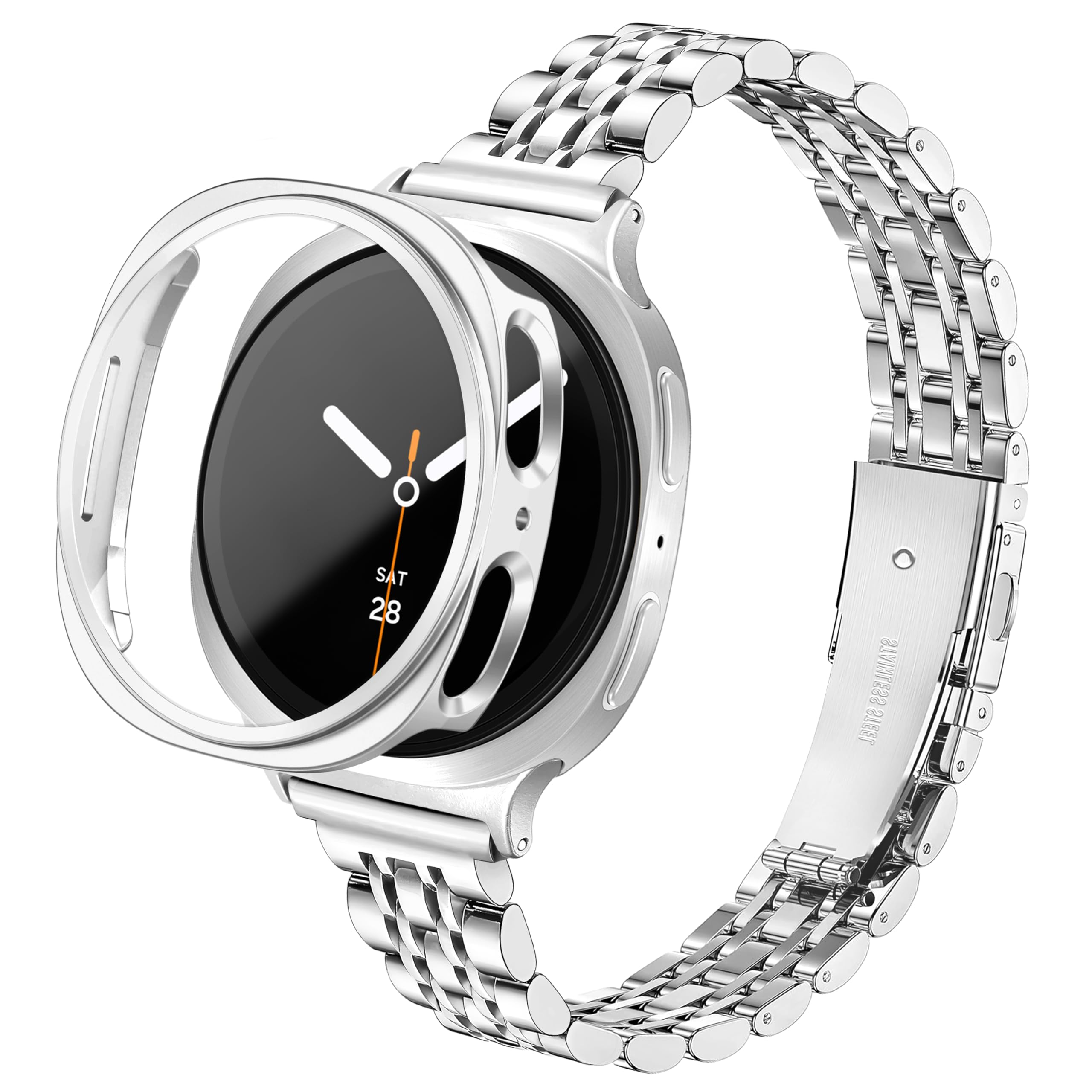 Correa de metal y carcasa compatible con Samsung Galaxy Watch 9/8 40 mm 44 mm, fina y elegante pulsera de metal de acero inoxidable con funda protectora de policarbonato, para mujer