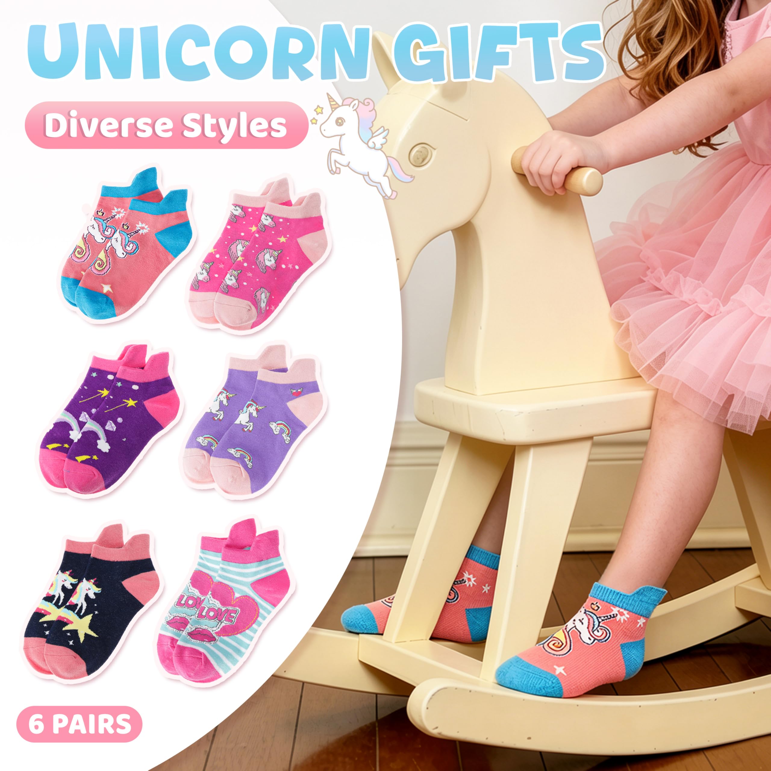 Kids Girls Unicorn Socks Ankle No Show Socks Fashion Novelty Cotton Socks 6 Pairs