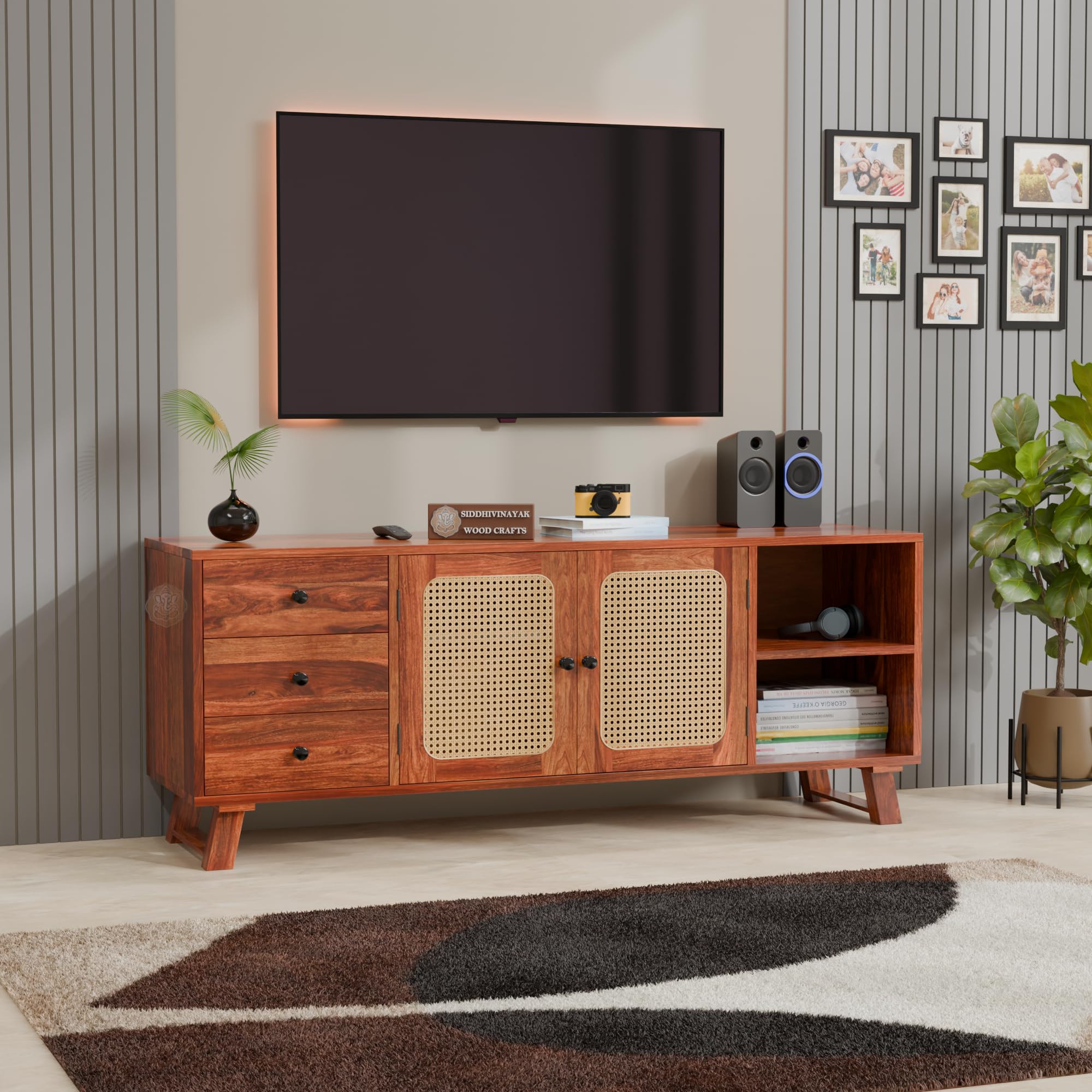 Solid Wood TV Entertainment Unit with 3 Drawers, 2 Cane Doors & Open Storage Shelf | Wooden TV Stand & Media Console Cabinet for Living Room | Mid-Century Modern Television Cabinet | Walnut Finish-image-13