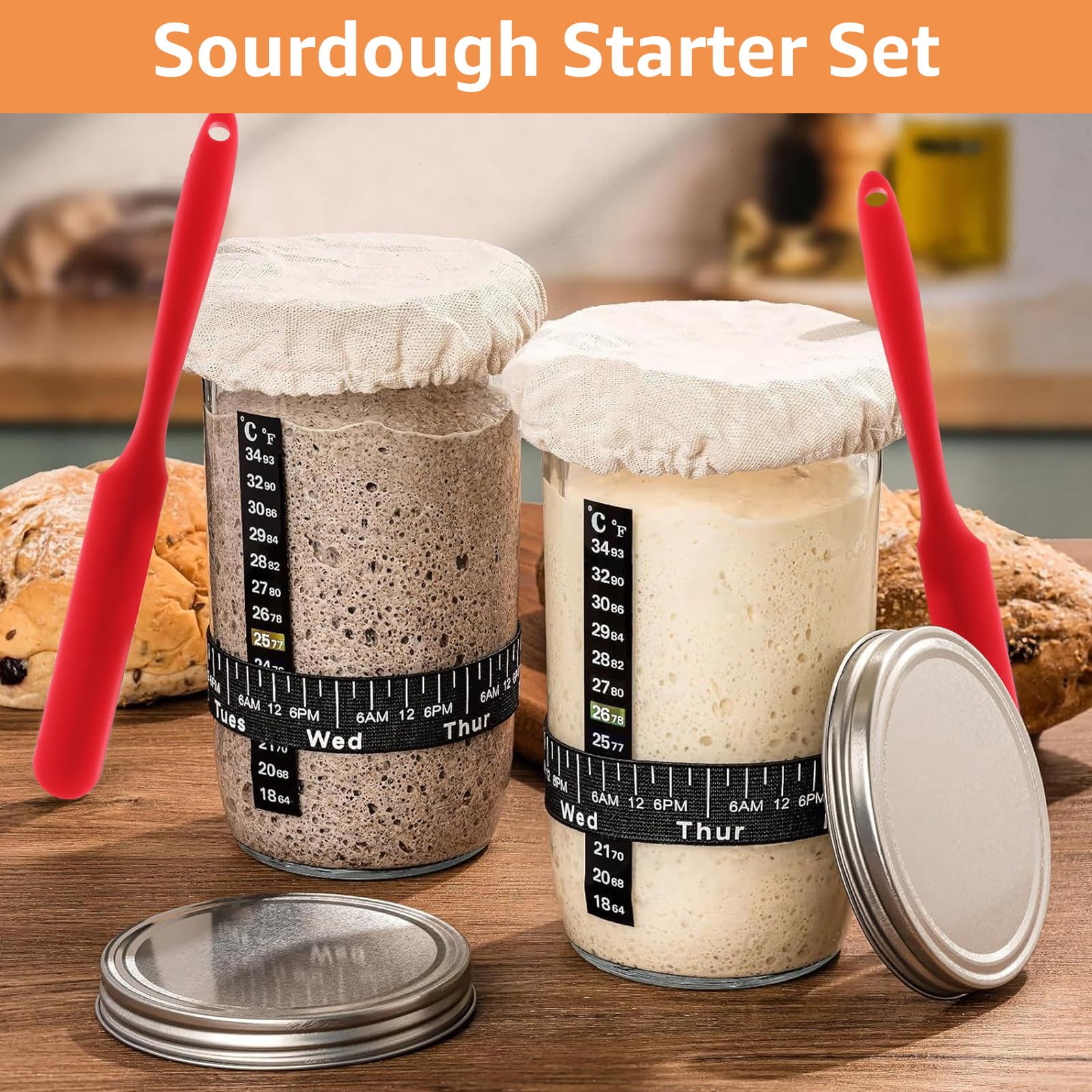 WOPPLXY 2 Pièces Kit Levain, 730 ML Bocal de Démarrage pour Levain, Kit de Démarrage au Levains avec Ruban d'alimentation Datte, Thermomètre, Couvercle, Spatule en Silicone