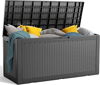 120 Gallon Resin Deck Box, Lockable Patio Outdoor Storage Box for Furniture, Garden Tools and Tools Storage, Waterproof Outside Storage Boxes - Black
