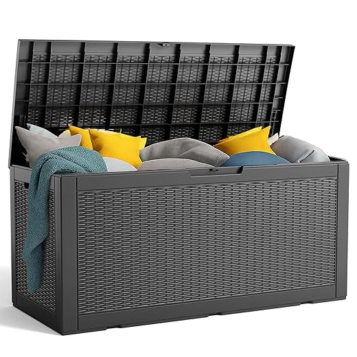 120 Gallon Resin Deck Box, Lockable Patio Outdoor Storage Box for Furniture, Garden Tools and Tools Storage, Waterproof Outside Storage Boxes - Black