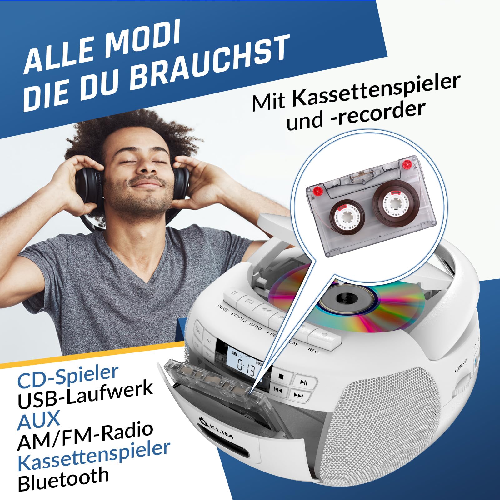 KLIM CD Player mit Kassette, Kassettenspieler, Kassettenrekorder, Radio mit CD und Kassette, CD Player mit Radio & USB, Bluetooth CD-Player, AM/FM Radio, Netz- und Batteriebetrieb - Weiß