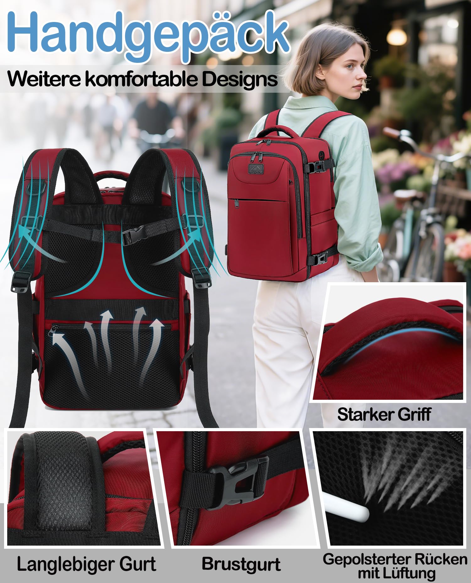 Handgepäck Rucksack 40x20x25 Klein für Ryanair,Travel Rucksack Bag Reiserucksack für Flugzeug Mit 14 Zoll Laptop, Eurowings für Damen Herren Dunkelrot