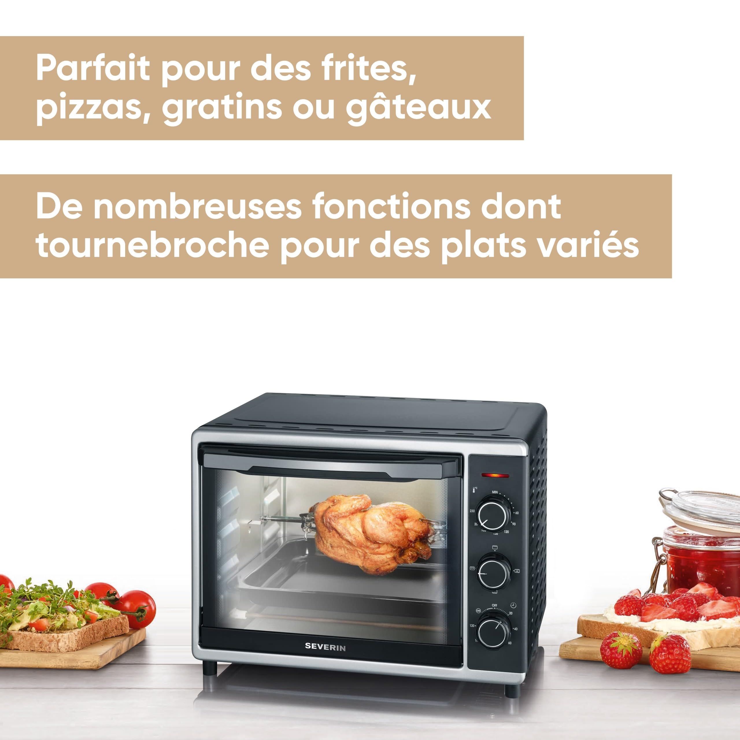 SEVERIN Mini-Four à chaleur tournante 30 L avec tournebroche, Four posable 1 600 W design simple et élégant électrique avec minuteur 120 min, Noir/Inox, TO 2056