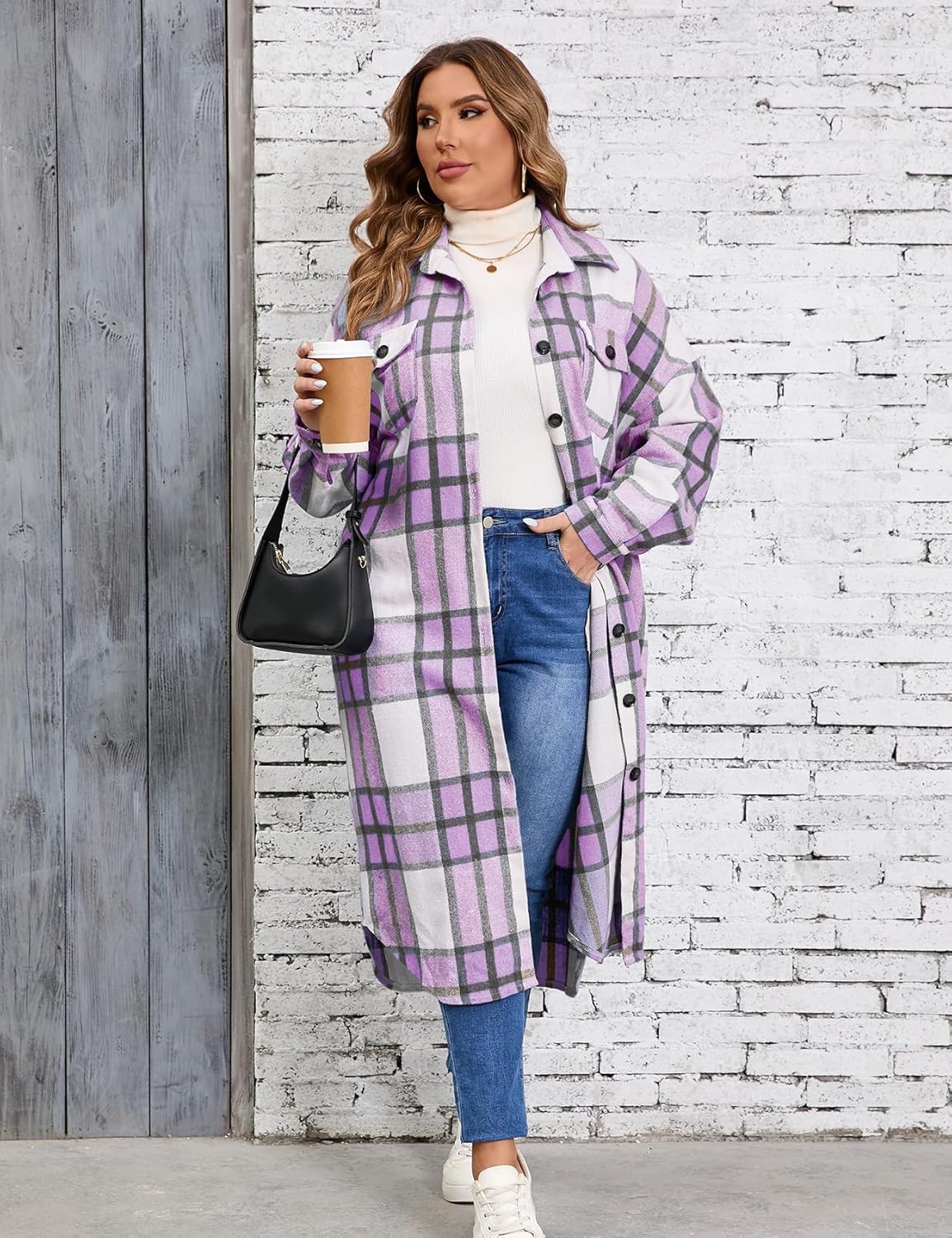 ZOMVA 2025 Women's 0X-5X Plus Size Long Flannel Plaid Shacket Jacket Oversized Button Down Coats Shirts with Pockets - Image 5