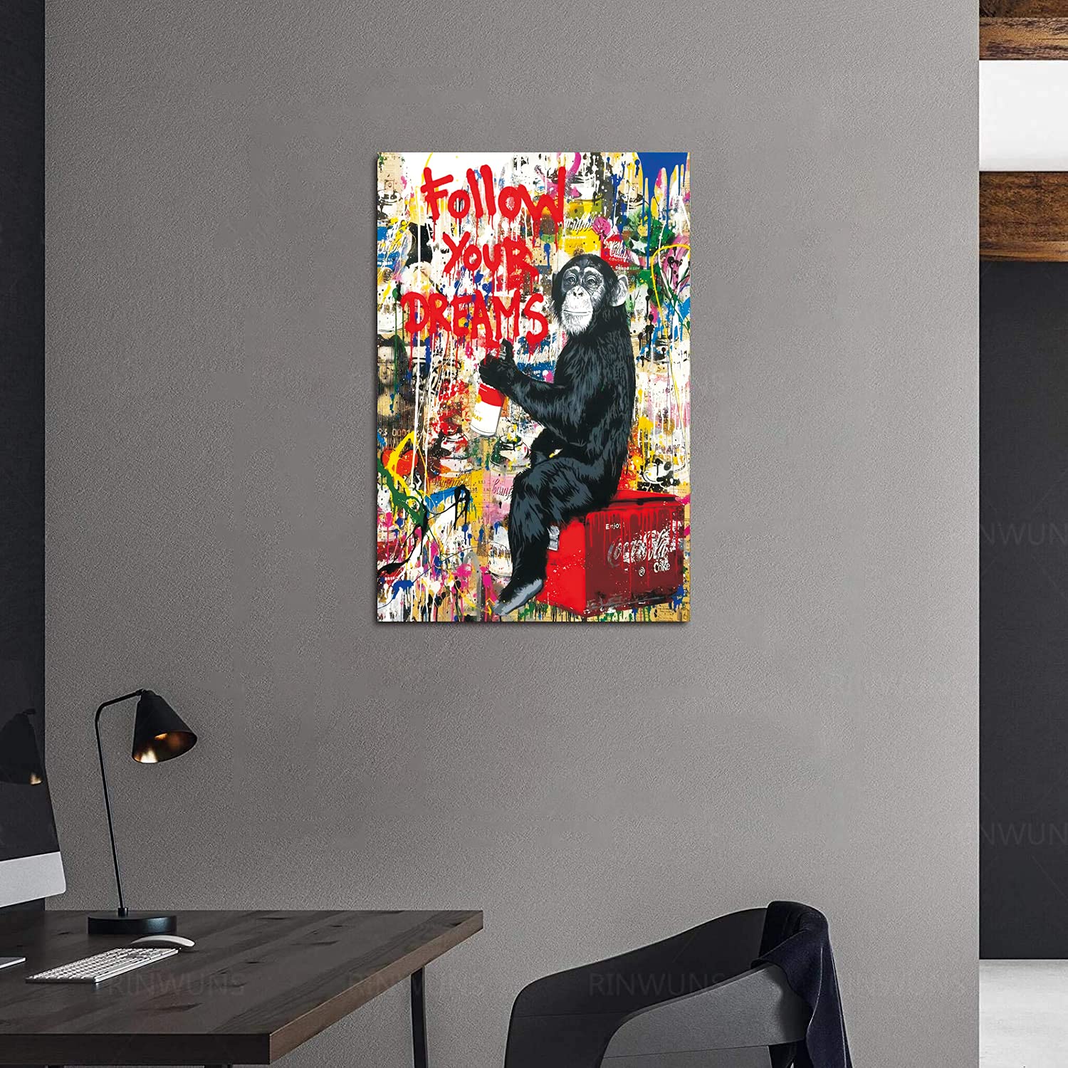 Banksy Quadri su Tela Follow Your Dreams Graffiti Street Art Murale Pop Art Quadro Pop Art Pittura artistica da parete Moderno Immagini da parete XXL con cornice, 90 x 60 cm