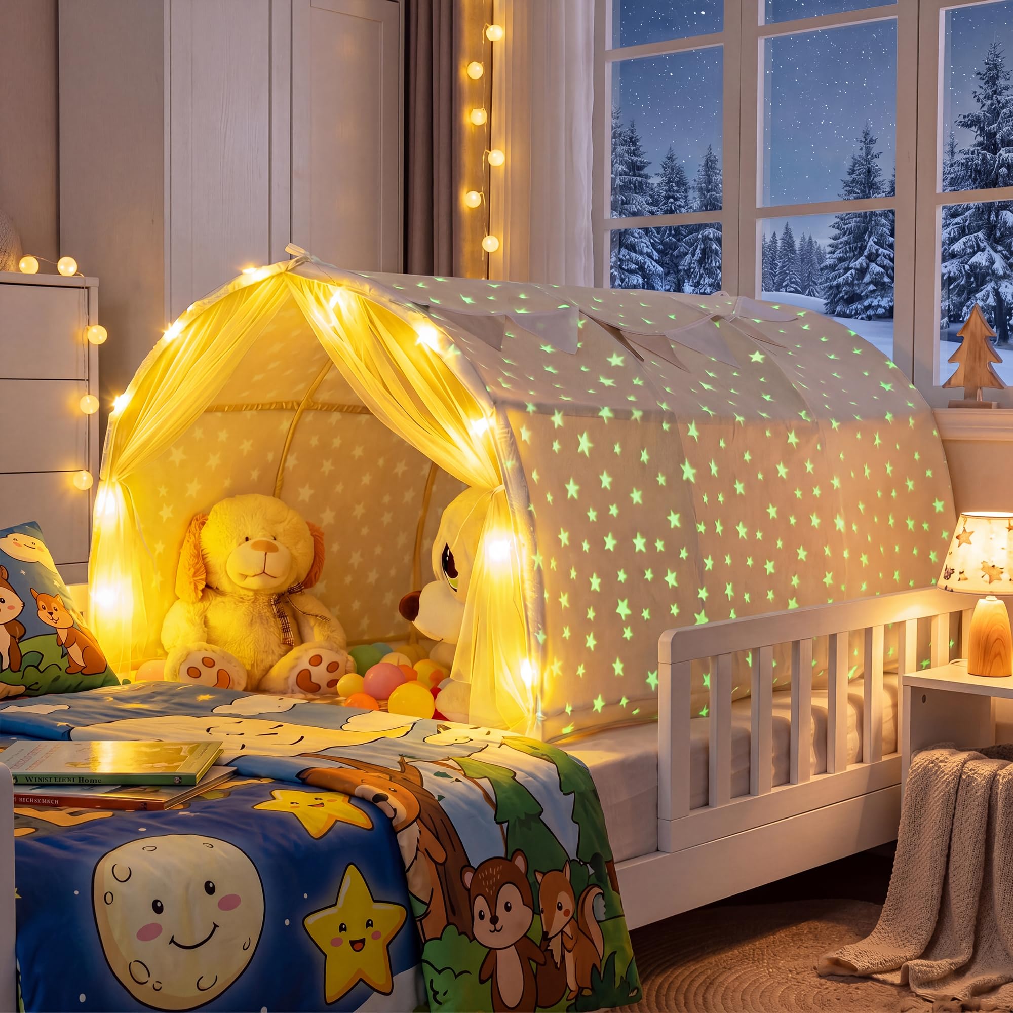HOMASIS Kinder Bettzelt für Kinderbett, Spielzelt mit Netzvorhängen, Lichterkette & leuchtenden Sternen, Spielhaus mit Wimpeln, Spieltunnel für Jungen & Mädchen ab 3 Jahren, Spielhaus für Kinderzimmer