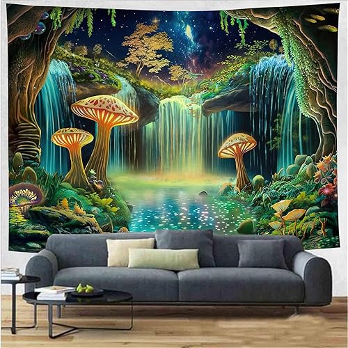 Miniatura 3 de FENDROM Tapiz de hongos del país de las maravillas de fantasía, cascada de la selva, tapices estéticos para colgar en la pared para decoración