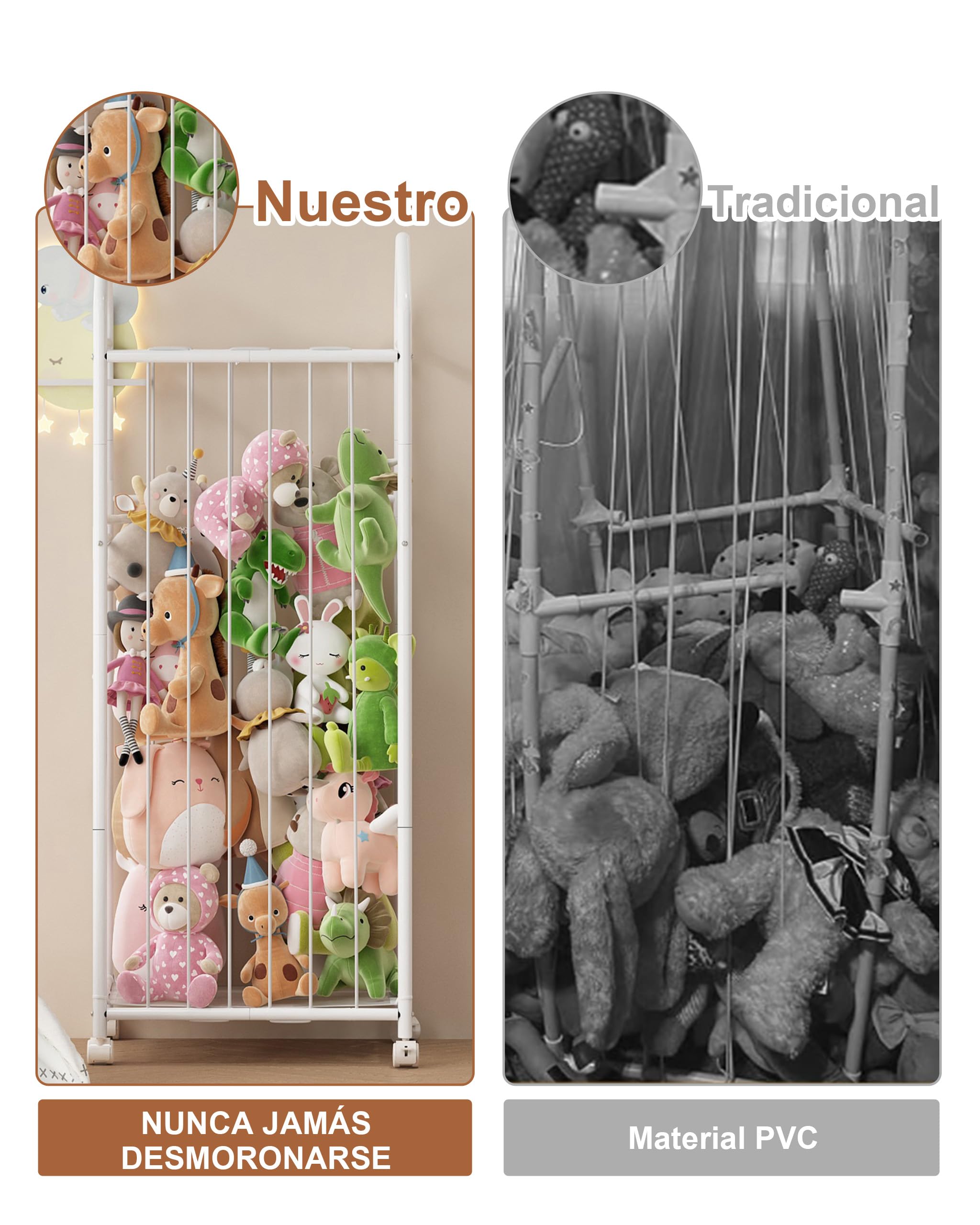 UMDONX Organizador de Juguetes Grande con 4 Ruedas Giratorias y Frenos 360° | Armario de Almacenamiento Alto para Peluches (Blanco, 56x35x154 cm)