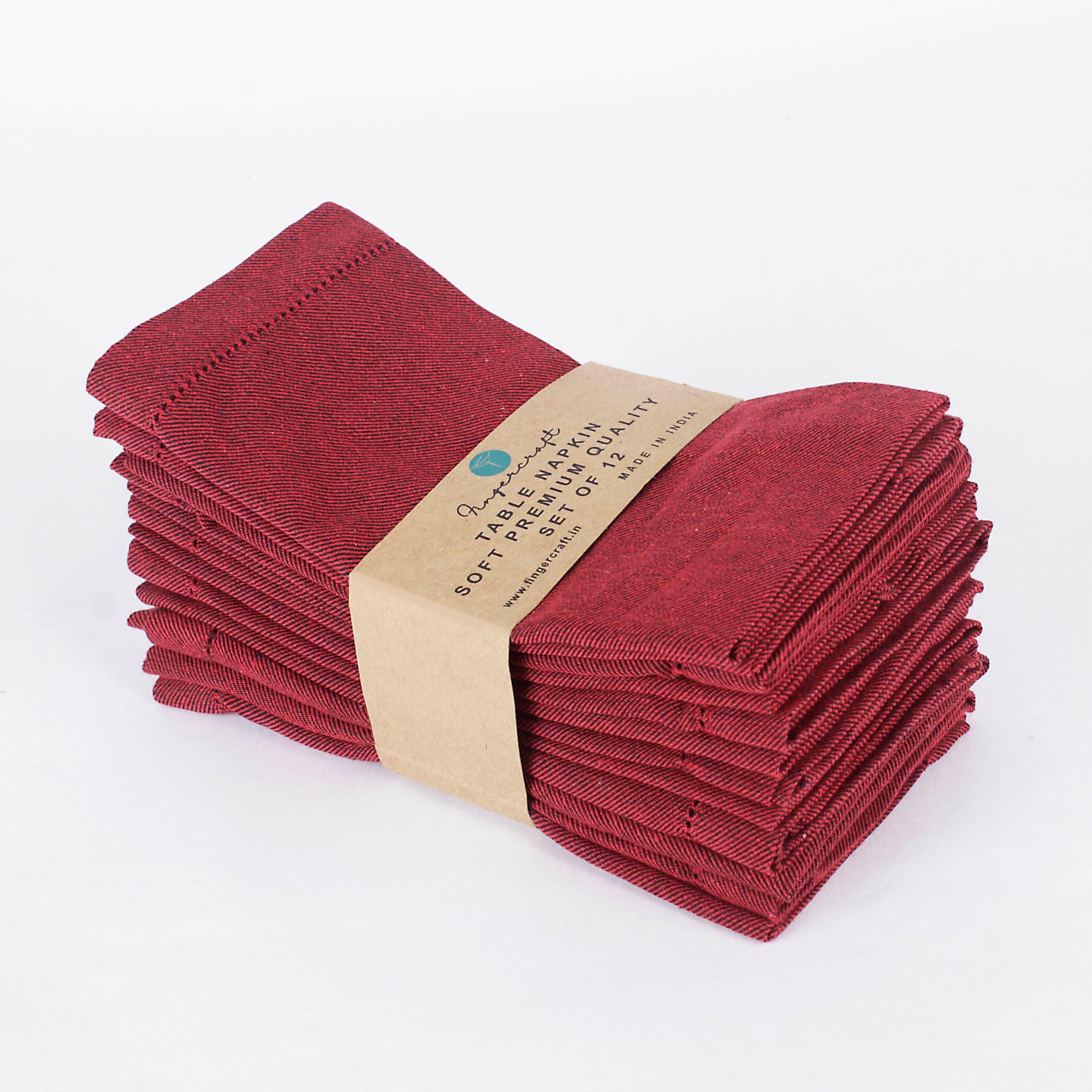 FINGERCRAFT Hemstitched Cotton Table Napkins – Set of 12, 20x20 Inch, 100% Cotton Cloth Napkins with Faggoting Stitching – Durable & Elegant for Parties, Hotels, Everyday Use (Burgundy Black Twill)