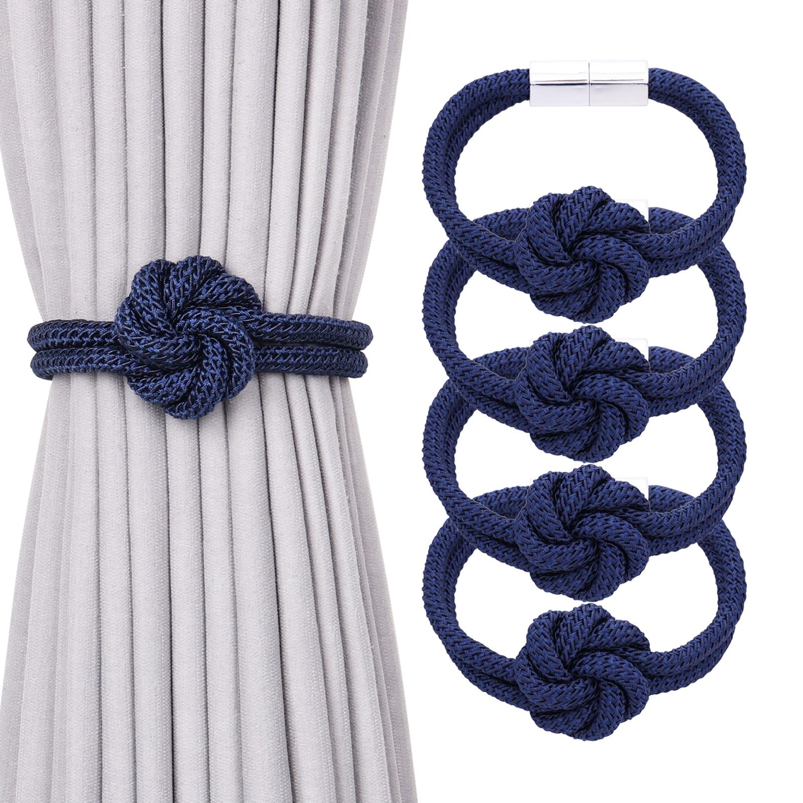 Pretty Jolly 4 Pack Cute Flower Knot Magnetic Curtain Tiebacks Nordic Style Drape Tie Backs Elegant Hand Weave Rope Decorative Curtain Holdbacks for Home & Office Window Drapery (Dark Blue) — image 1