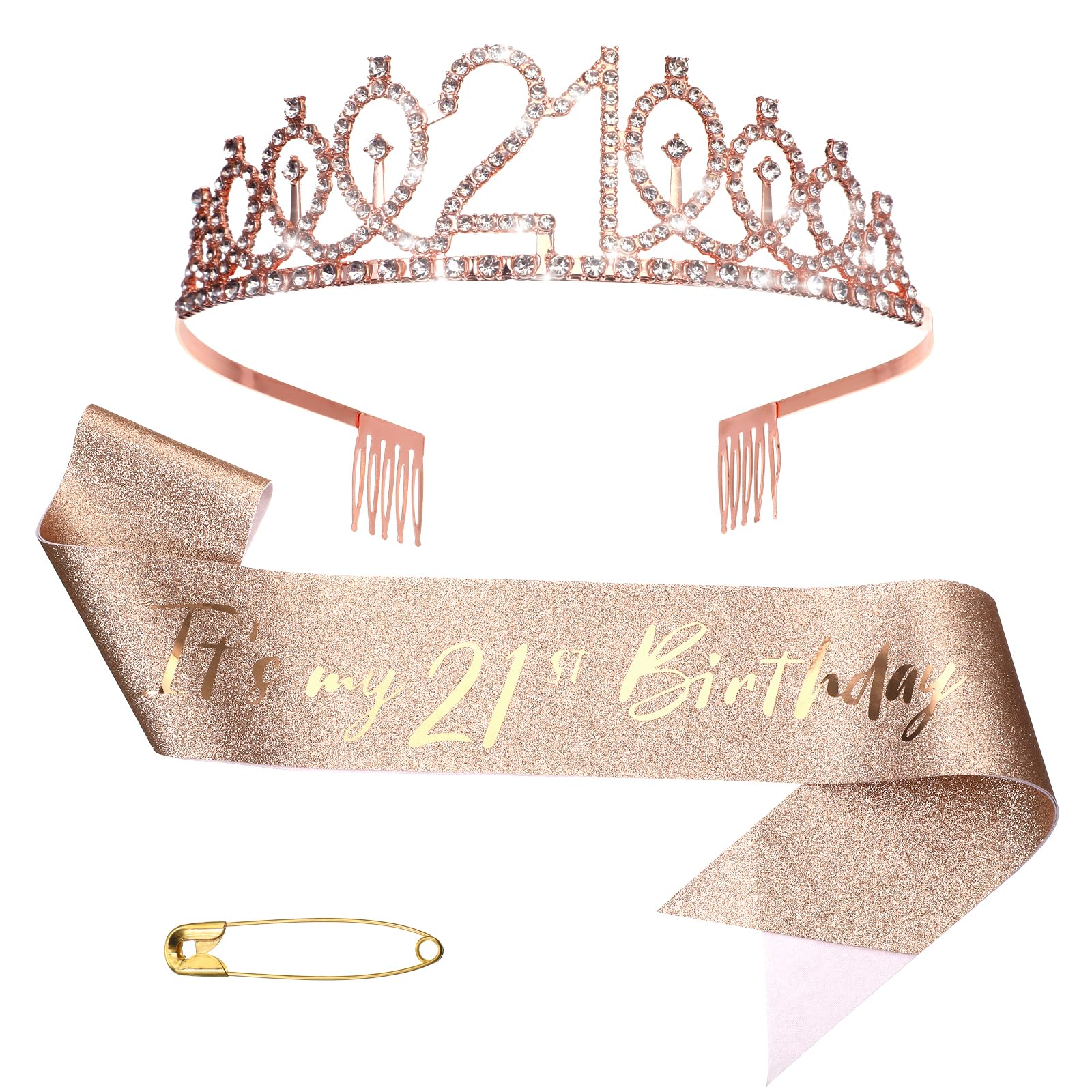 21th Birthday Decorations for Girls, 21th Birthday Gifts for Girls Including 21 th-Birthday Crown/Tiara＋Sash for Women＋Pearl Pin, 21th-Rhinestone Crown Kit (Rose Gold)