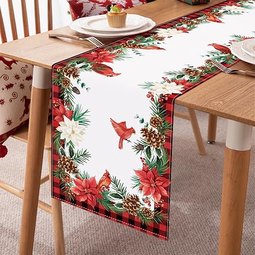Miniatura 9 de Bonhause Camino de mesa cardenal rojo navideño de 13 x 72 pulgadas, pájaro en rama de pino estacional, invierno, vacaciones, cocina, comedor,