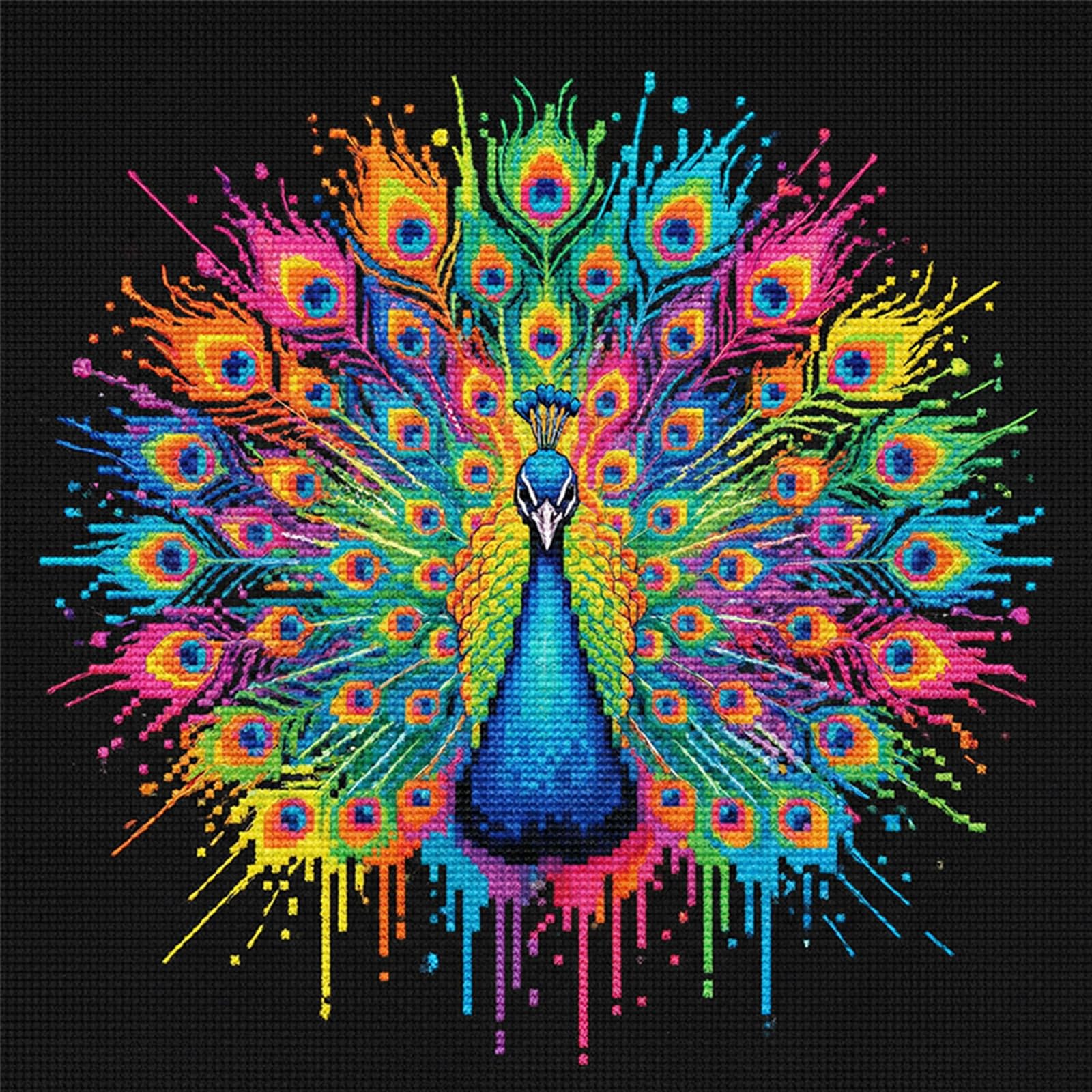 Colorful Splash Peacock Full 14CT 2 Strands DIY Counted Cross Stitch Kits for Beginners Adults Gift Home Wall Decor Cross Stitch Patterns Arts Craft Kits 30x30cm