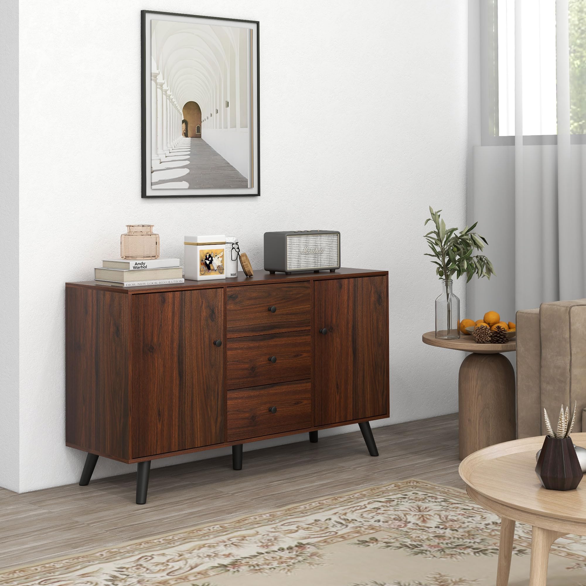 HOMCOM Credenza Moderna con 2 Armadietti e 3 Cassetti, Marrone e Nero | per Soggiorno, Sala da Pranzo e Ingresso in Legno e Truciolato, Mobile Contenitore, 127x40x76 cm