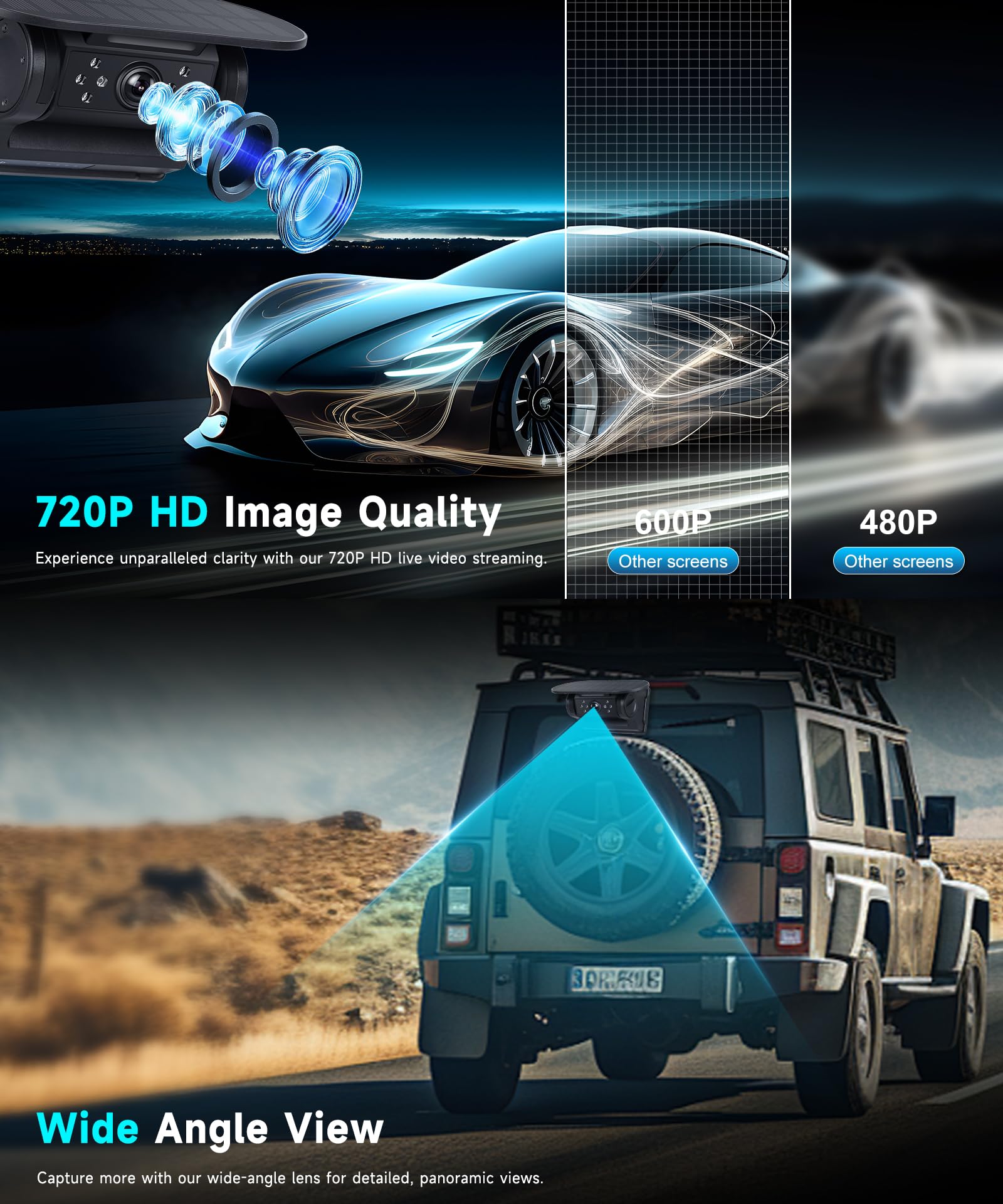 VECHTEL Cámara Trasera Coche Inalámbrica Solar 10000mAh IP68 Visión Nocturna Gran Angular