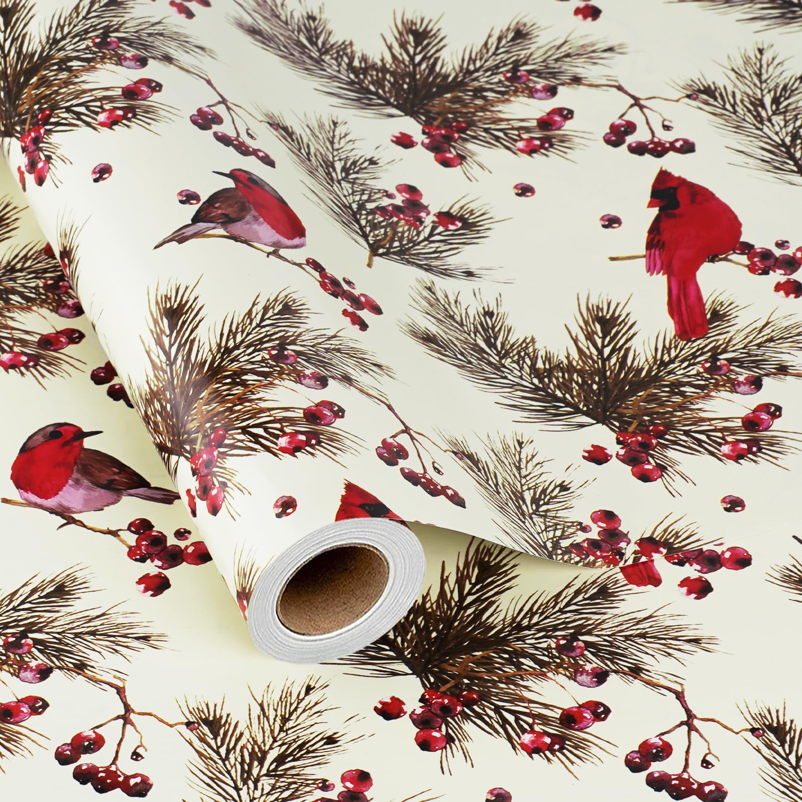 BIOBROWN Cardinal Bird Christmas Wrapping Paper Roll, 43cm x 10m