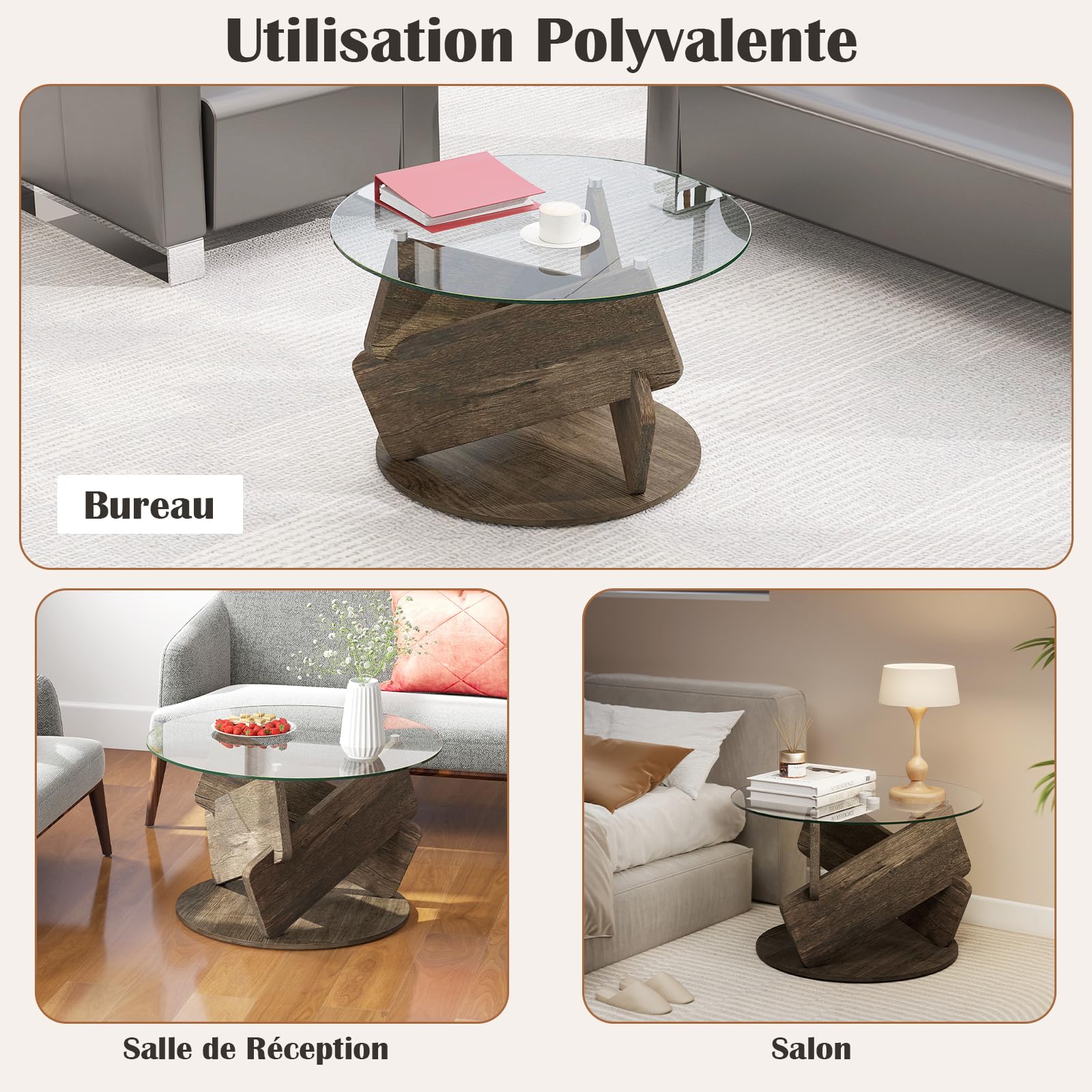 COSTWAY Table Basse Ronde en Verre, 81x 81 cm, Base en Caoutchouc, Style Rustique, Table de Salon pour Petit Espace, Bureau