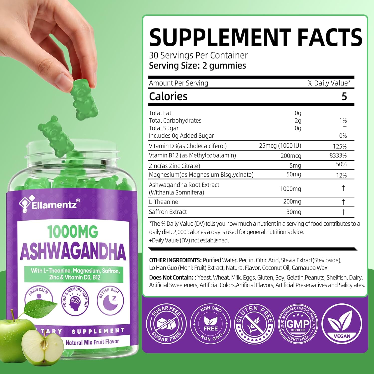 Ashwagandha Gummies 1000mg with L-Theanine & Magnesium - Natural Calm Gummies with Vitamin D3, B12 & Zinc Support Relaxation, Daily Mo♡d Balance, Night Rest, Sugar Free,120 Counts - Image 2