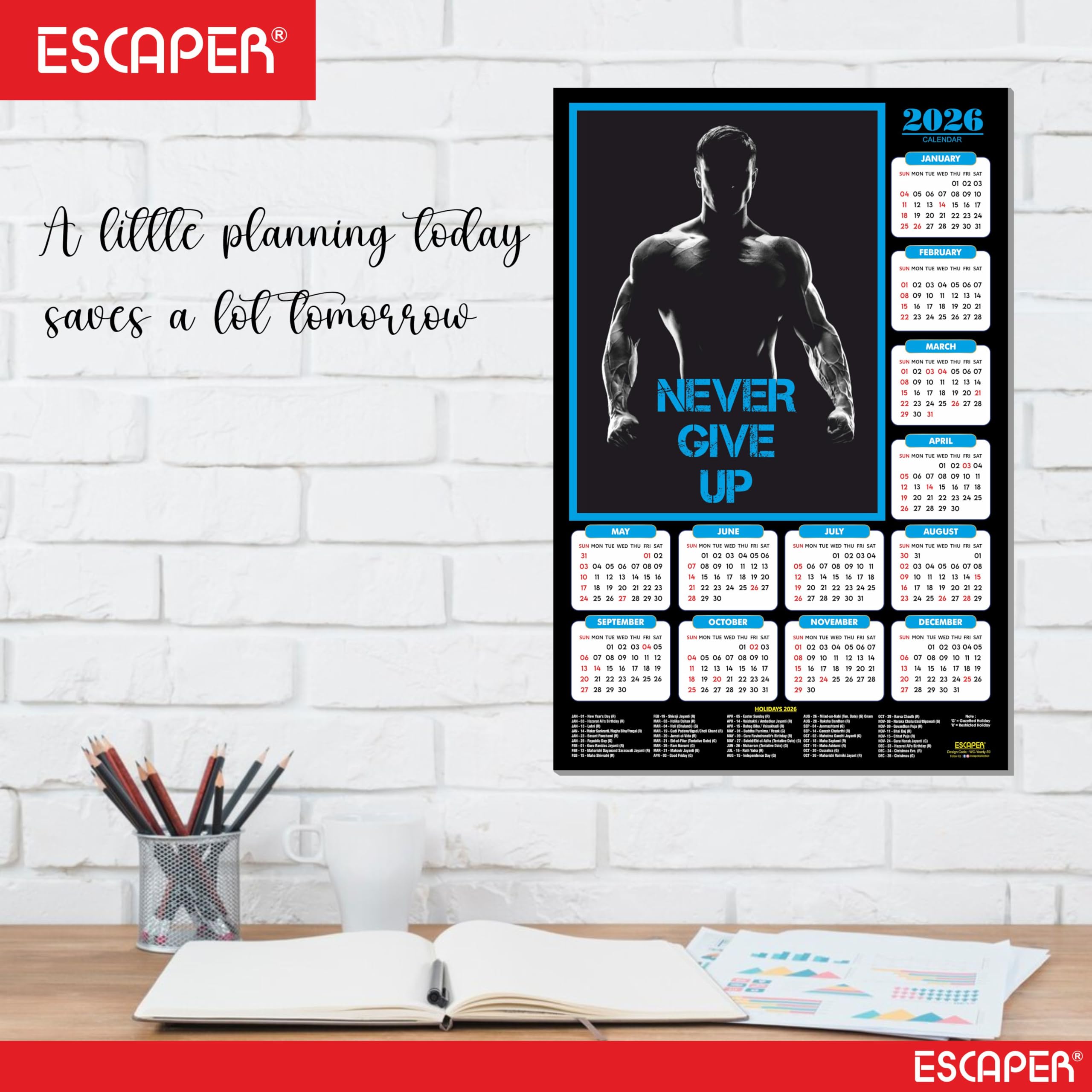 ESCAPER Never Give Up Gym Wandkalender 2026 - 300 g/m² Papier, laminierte Bodybuilder & Workout Motivation, Fitness & Übung Wandkalender für Fitnessstudio, Zuhause oder Fitnesscenter