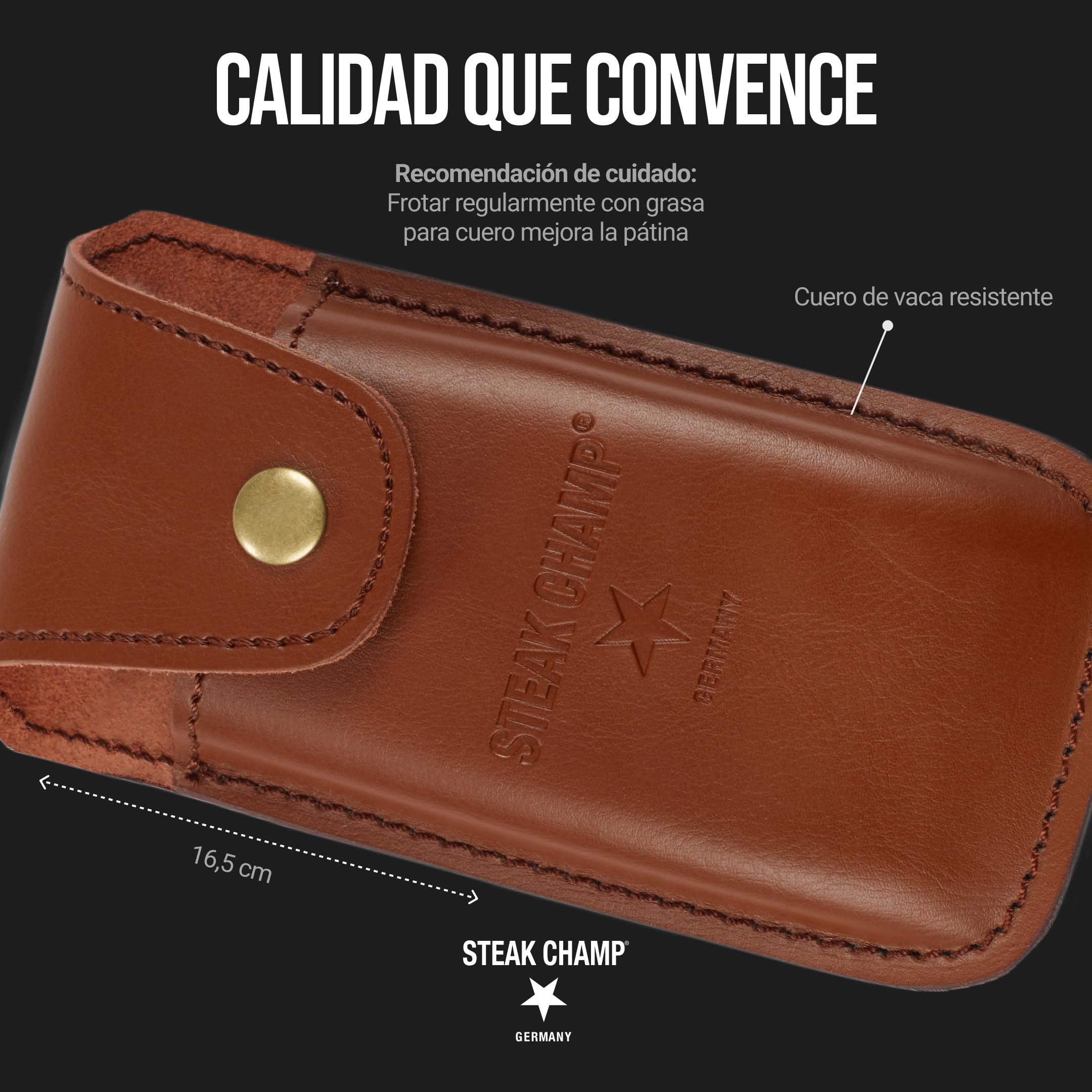 Funda de Cuero Steak Champ para Tenedor de Carne Bull Fork, Fabricada en cuero de alta resistencia, Ideal para Cinturón, con Lengüeta de Seguridad y Botón a Presión